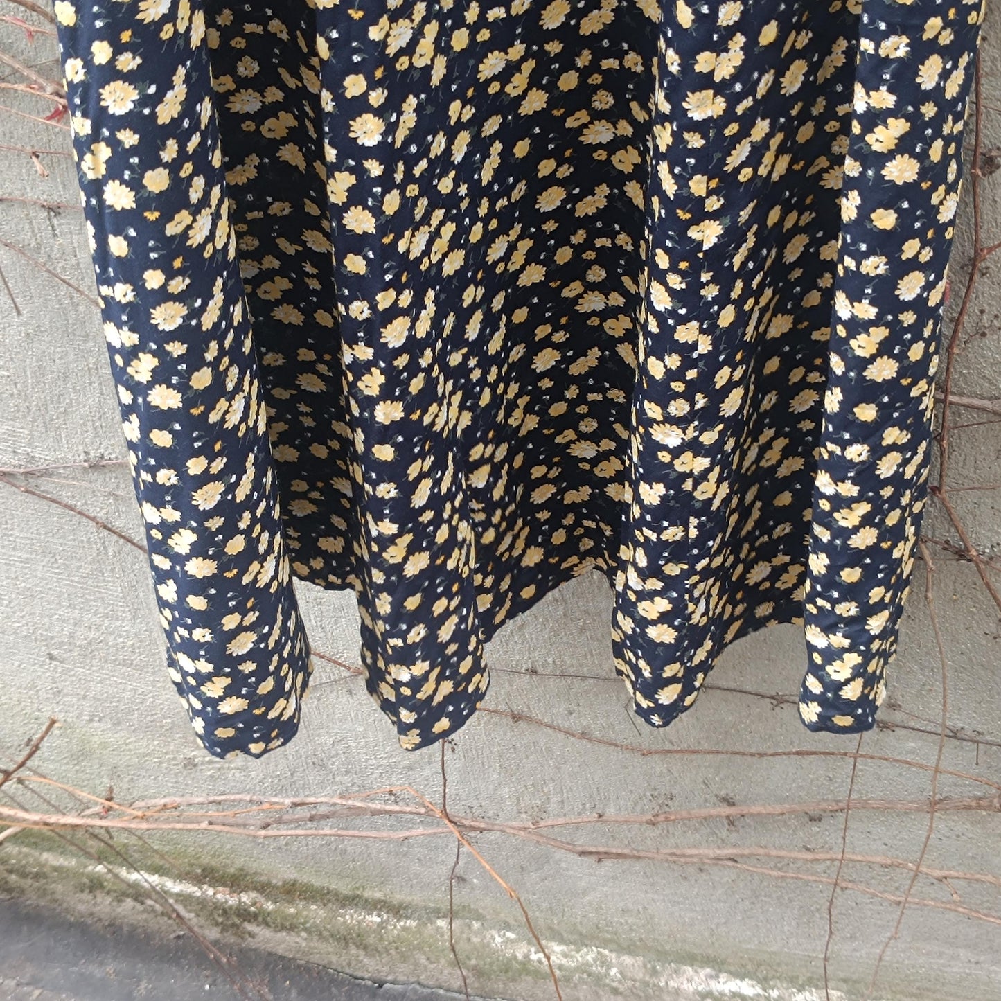 Vintage Floral Maxi Skirt Black and Yellow Ditsy Print 90s Boho High Waist Summer