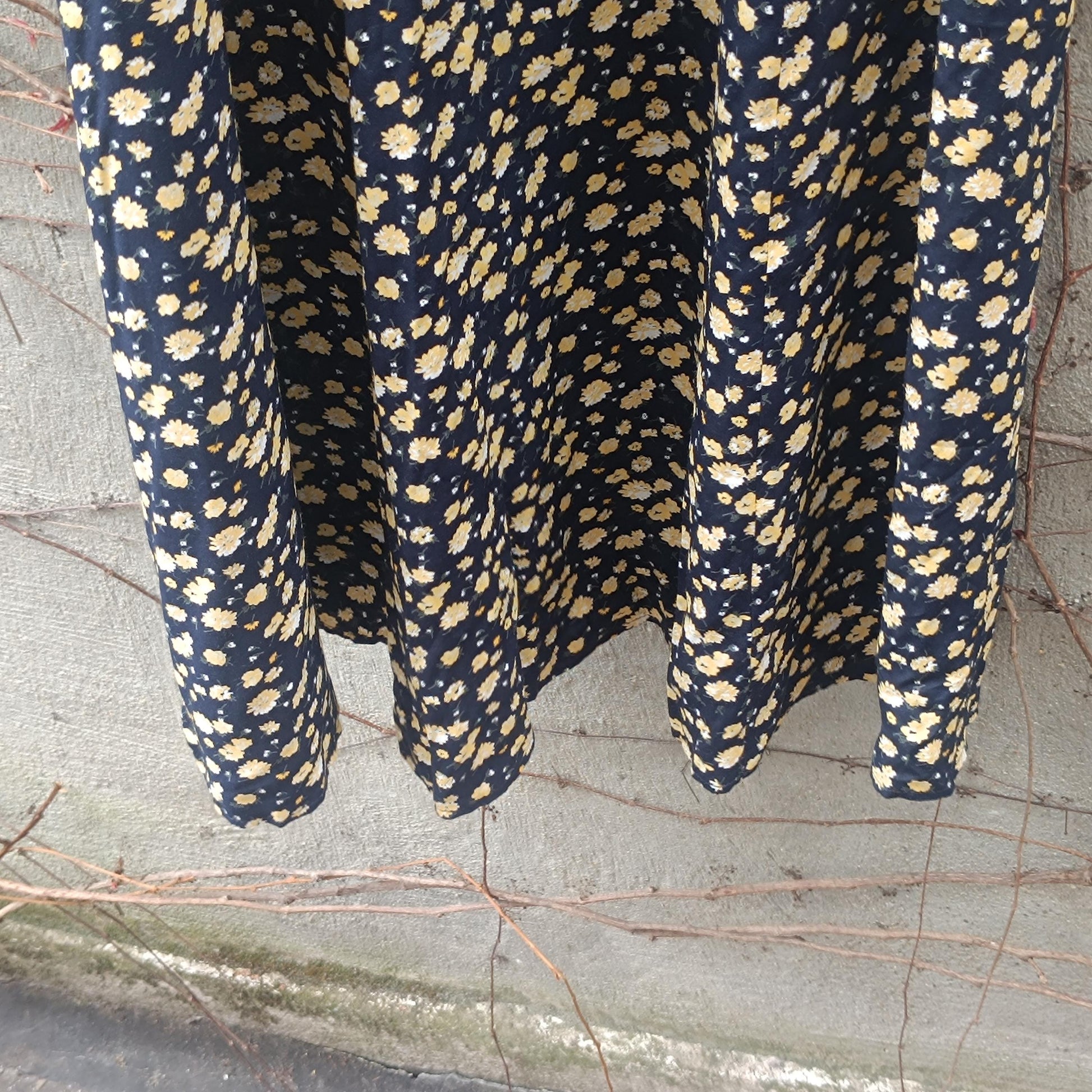 Vintage Floral Maxi Skirt Black and Yellow Ditsy Print 90s Boho High Waist Summer