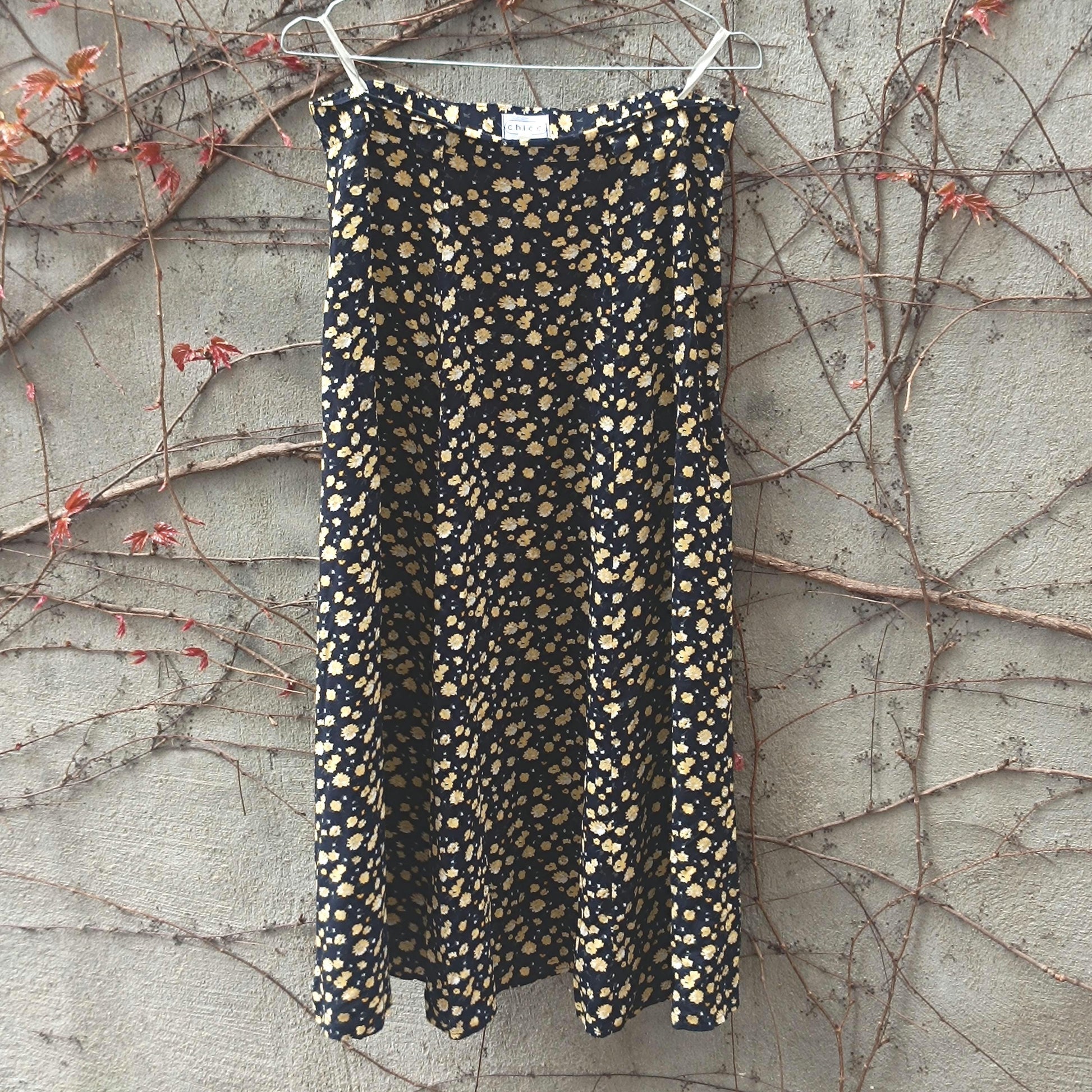 Vintage Floral Maxi Skirt Black and Yellow Ditsy Print 90s Boho High Waist Summer