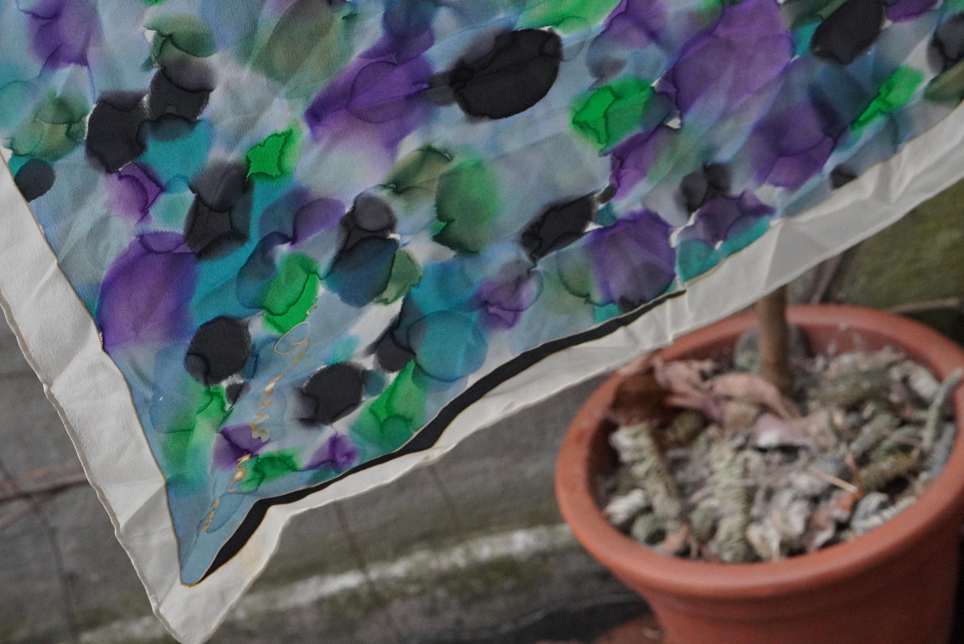 Vintage Hand Painted Silk Scarf Violet Green Abstract Floral Large Square Neck Head