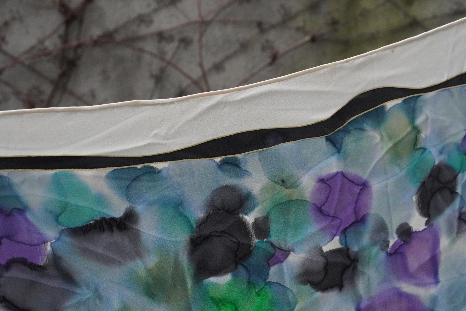 Vintage Hand Painted Silk Scarf Violet Green Abstract Floral Large Square Neck Head