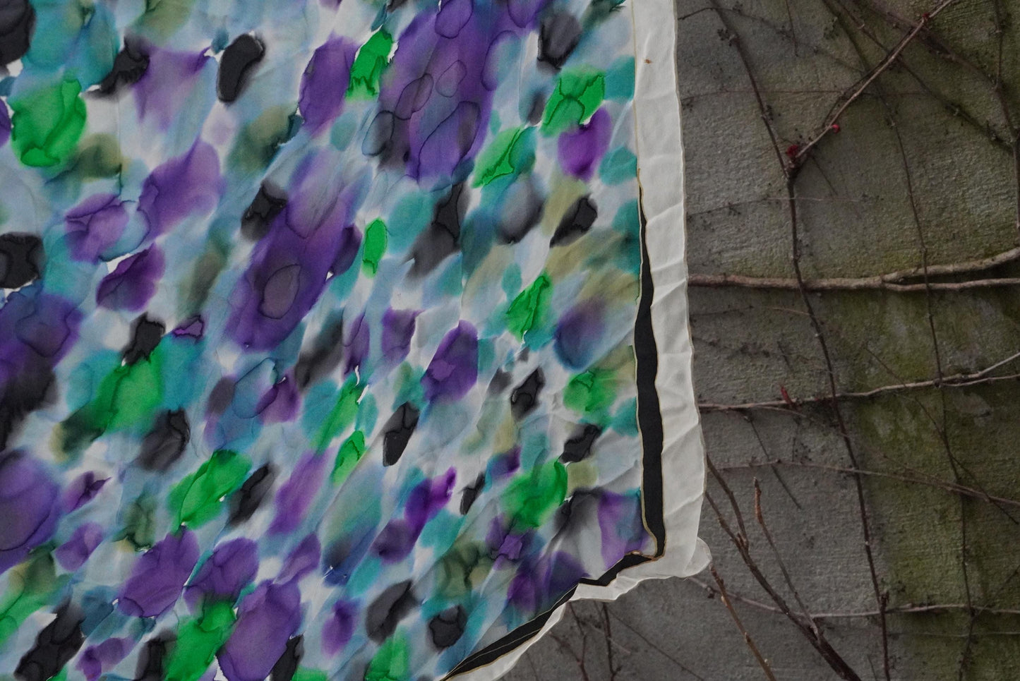 Vintage Hand Painted Silk Scarf Violet Green Abstract Floral Large Square Neck Head