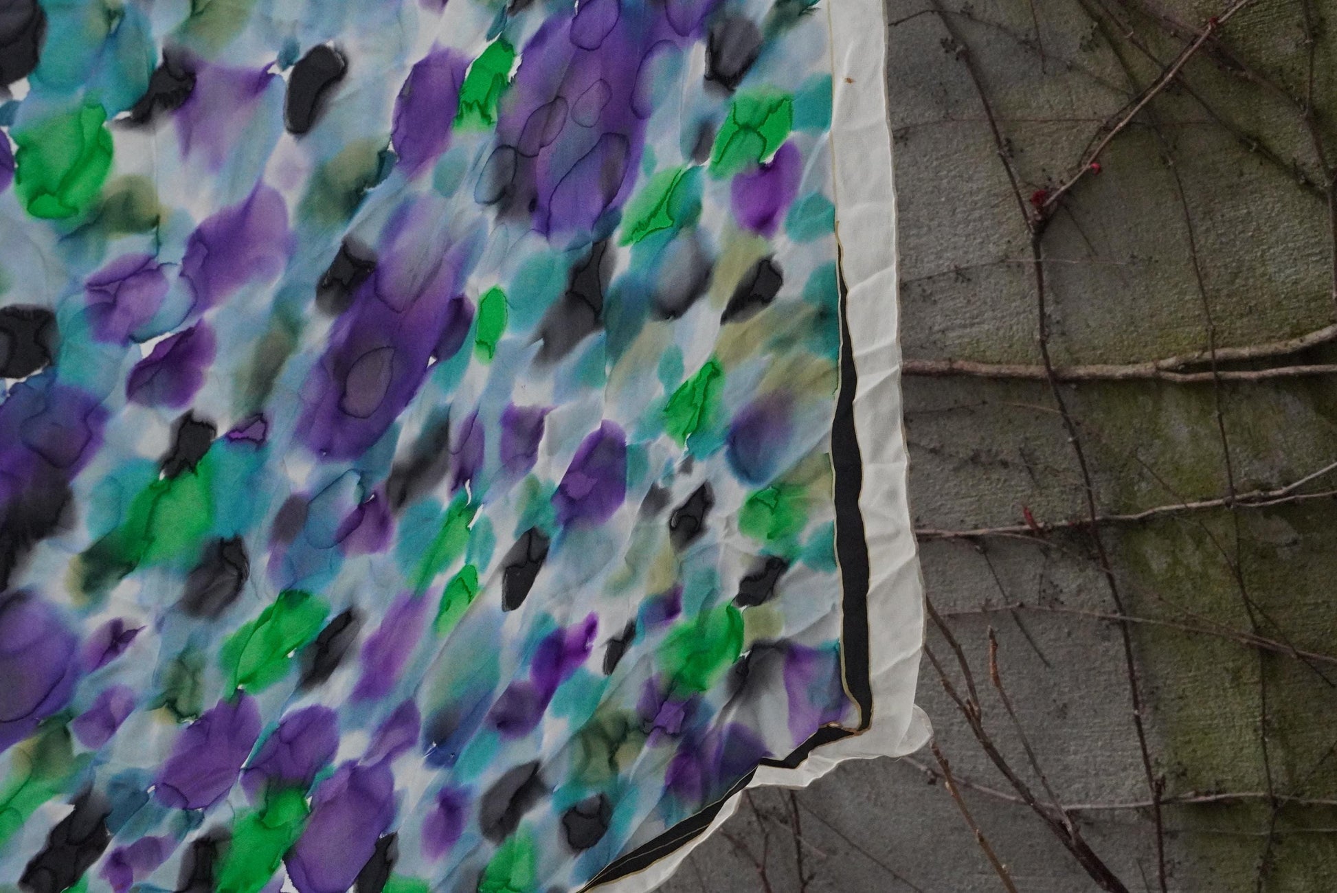 Vintage Hand Painted Silk Scarf Violet Green Abstract Floral Large Square Neck Head
