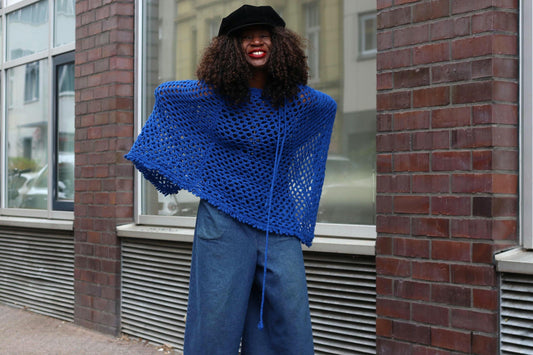 Blue Crochet Poncho Vintage Open Knit Mesh Cape Boho Festival Wrap Handmade Top