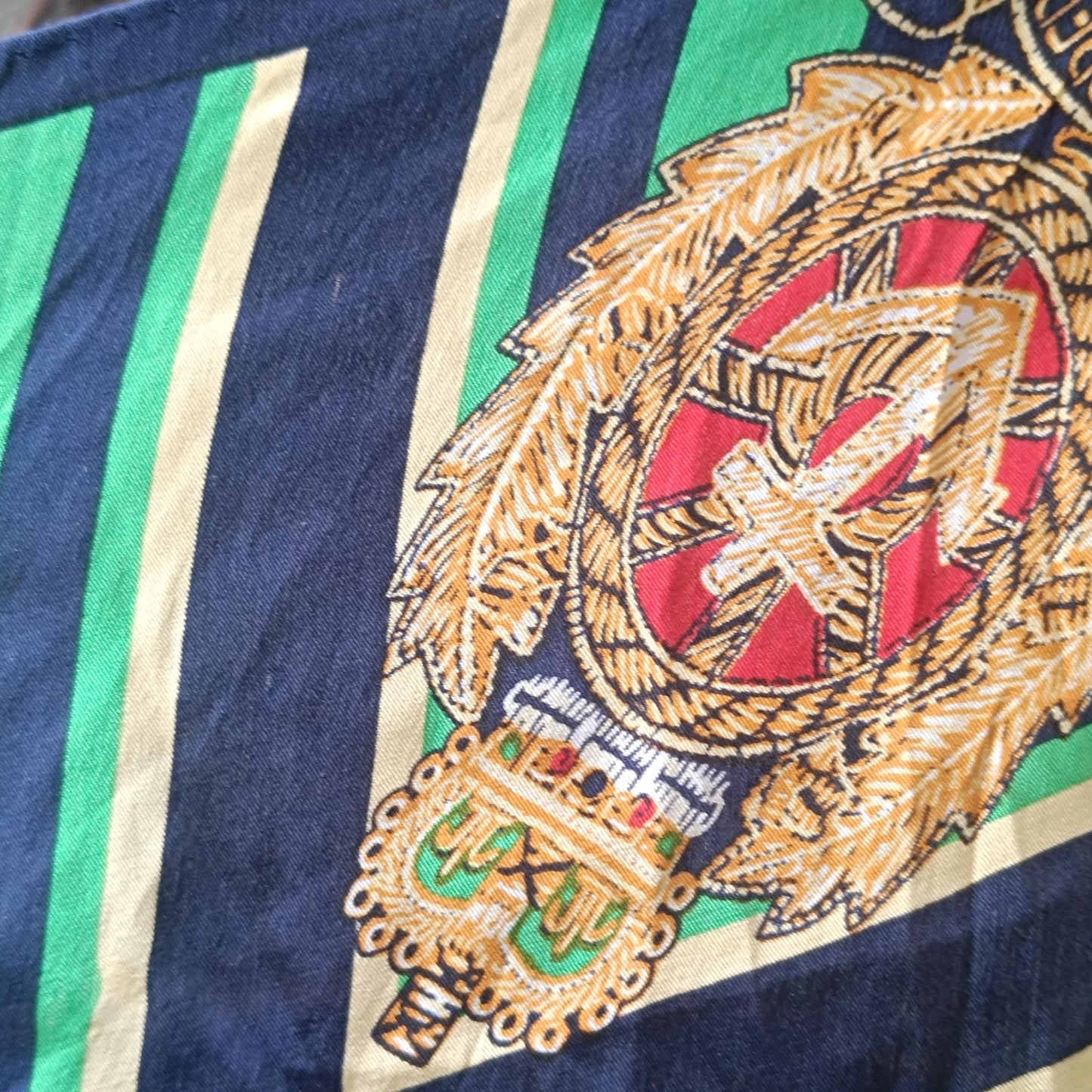 Vintage Silk Scarf Nautical Crest Green Navy Striped Polka Dot Square Neck Scarf