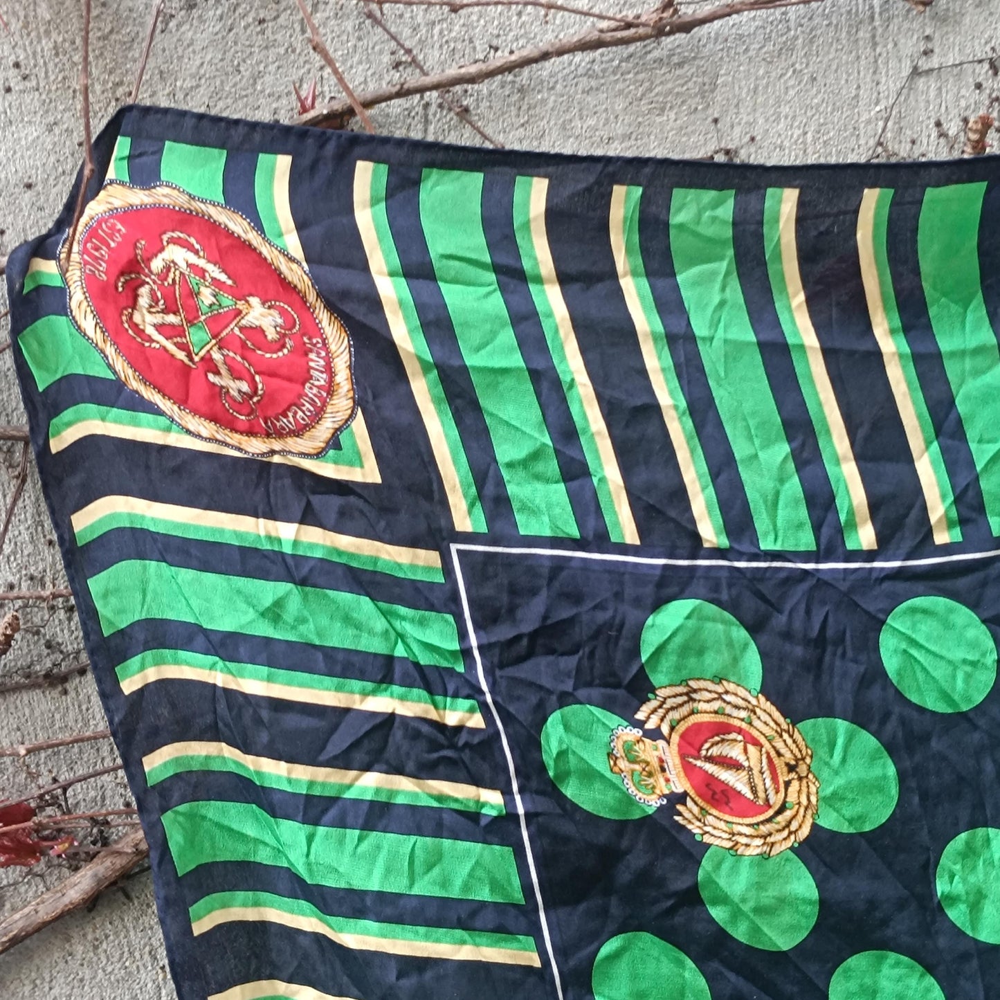 Vintage Silk Scarf Nautical Crest Green Navy Striped Polka Dot Square Neck Scarf