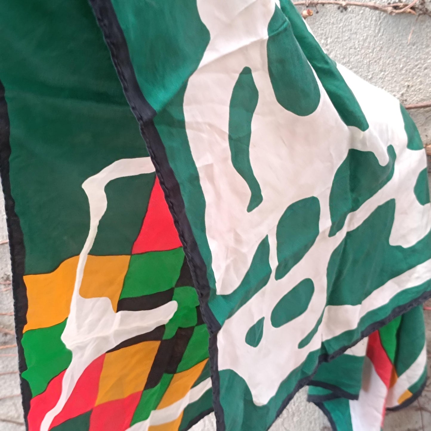 Vintage Abstract Silk Scarf Green Yellow Red Geometric Modernist Square Neck Scarf