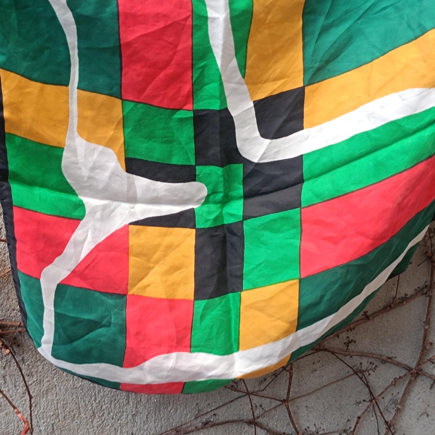 Vintage Abstract Silk Scarf Green Yellow Red Geometric Modernist Square Neck Scarf