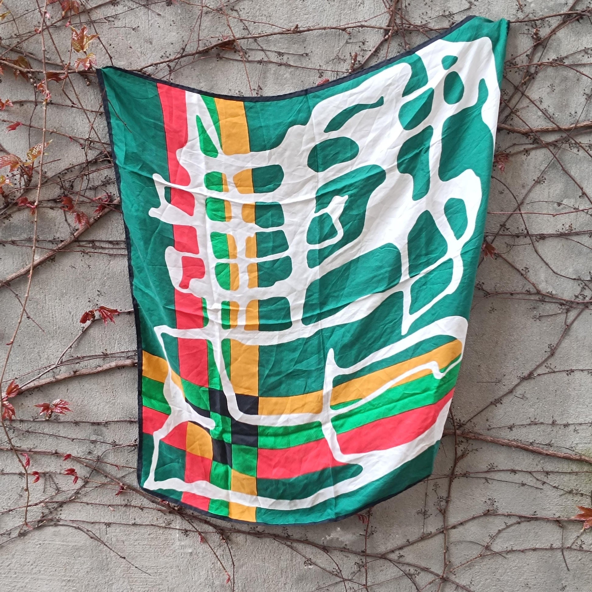 Vintage Abstract Silk Scarf Green Yellow Red Geometric Modernist Square Neck Scarf