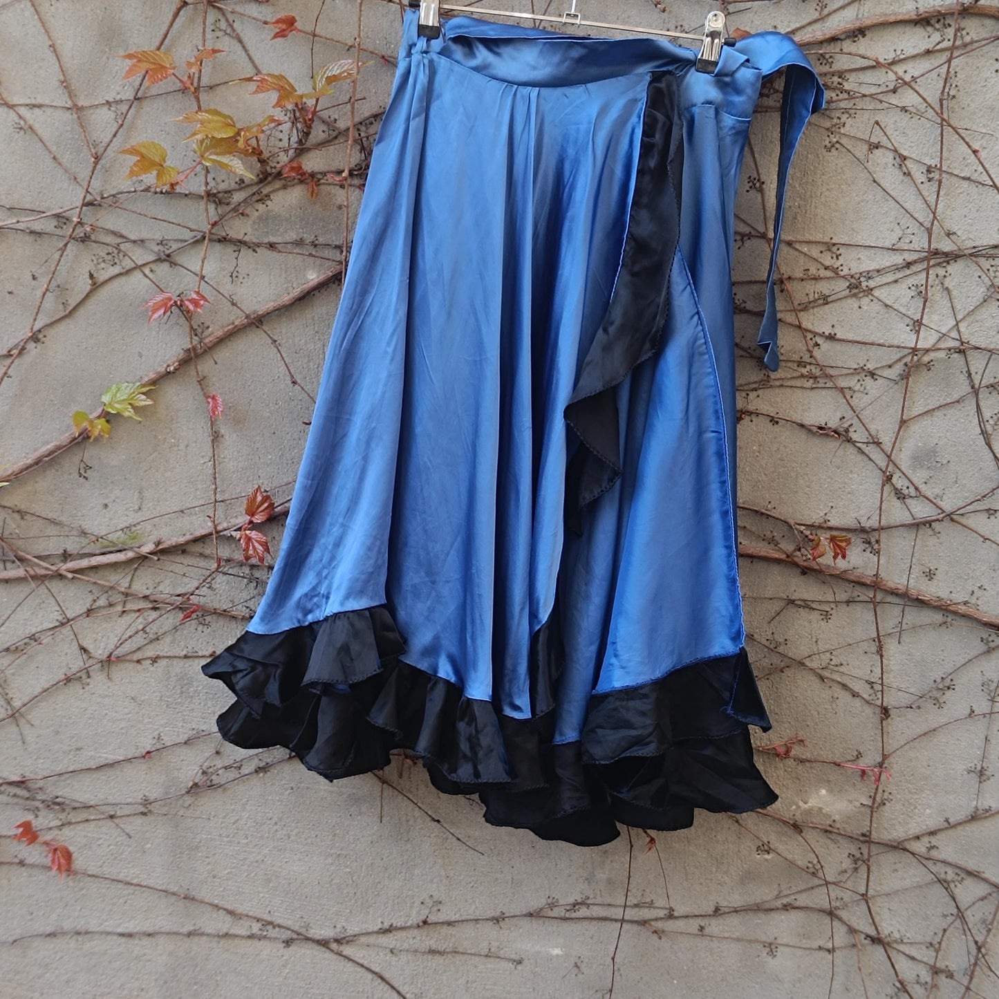 Electric Blue Satin Midi Skirt with Black Ruffle Hem – Gothic Glam Dancewear