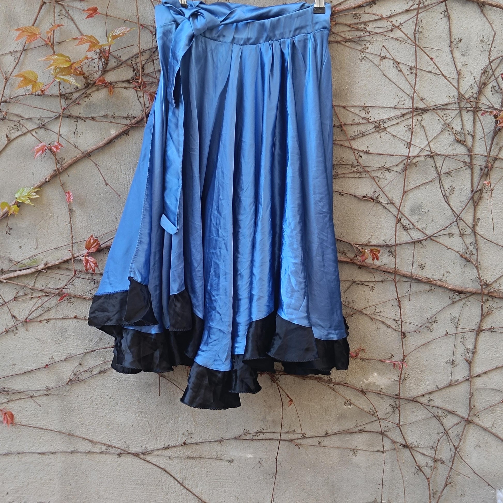 Electric Blue Satin Midi Skirt with Black Ruffle Hem – Gothic Glam Dancewear
