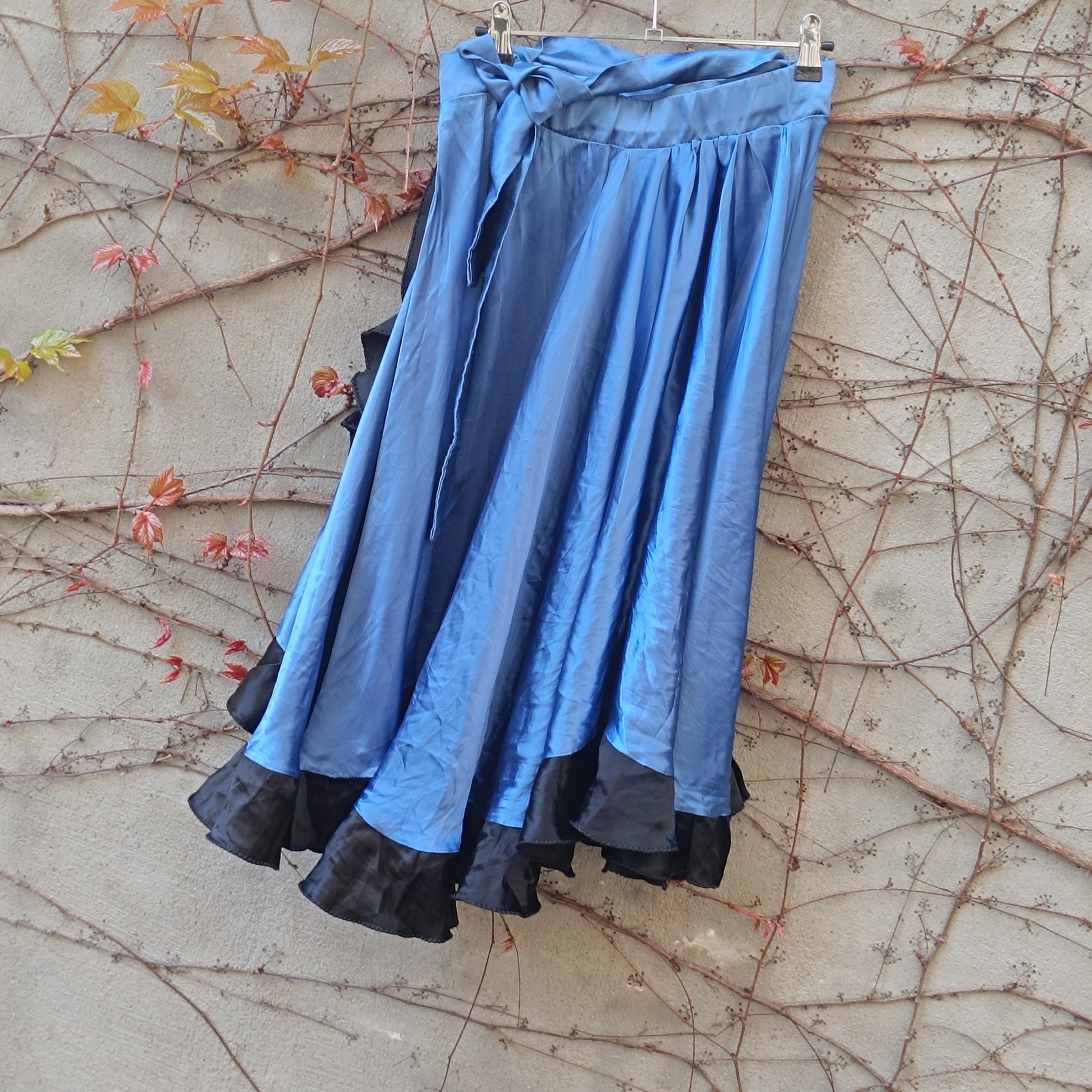 Electric Blue Satin Midi Skirt with Black Ruffle Hem – Gothic Glam Dancewear