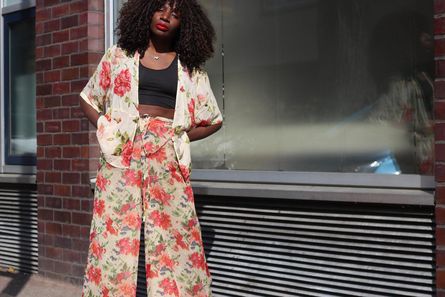 Vintage Floral Wrap Top| 90s Rose Print Sheer Blouse Cream Red Short Sleeve