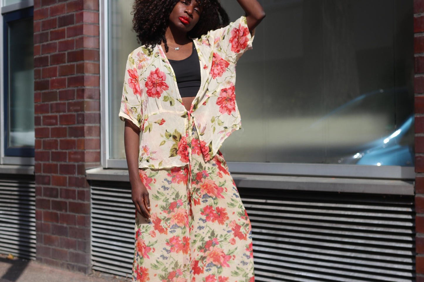 Vintage Floral Wrap Top| 90s Rose Print Sheer Blouse Cream Red Short Sleeve