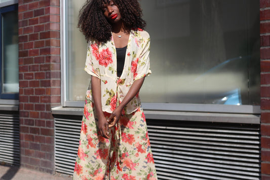 Vintage Floral Wrap Top| 90s Rose Print Sheer Blouse Cream Red Short Sleeve