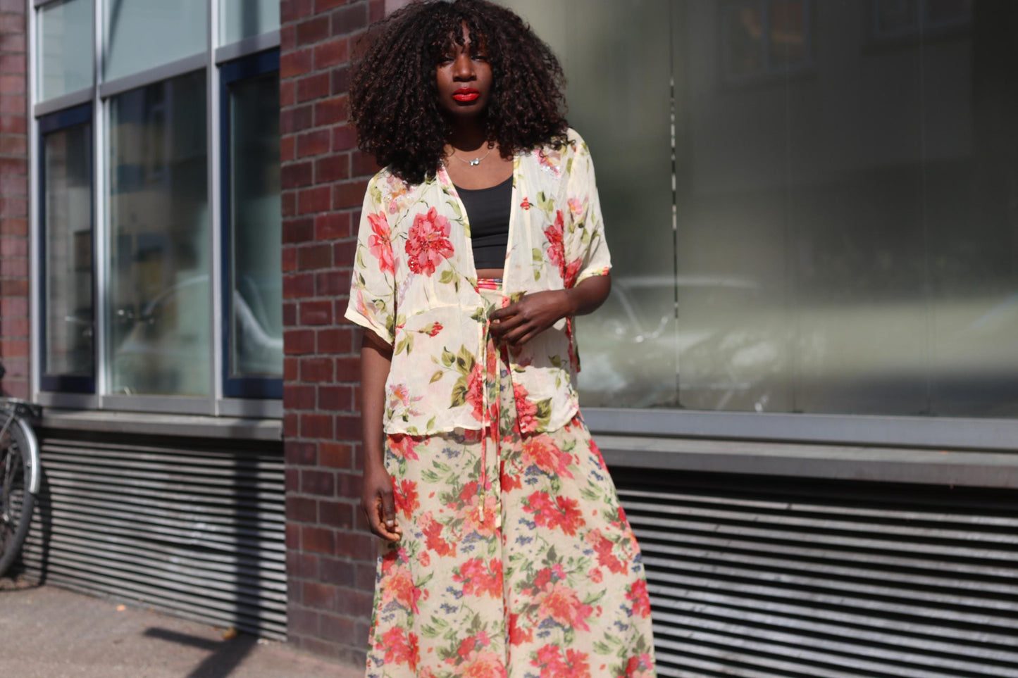 Vintage Floral Wrap Top| 90s Rose Print Sheer Blouse Cream Red Short Sleeve
