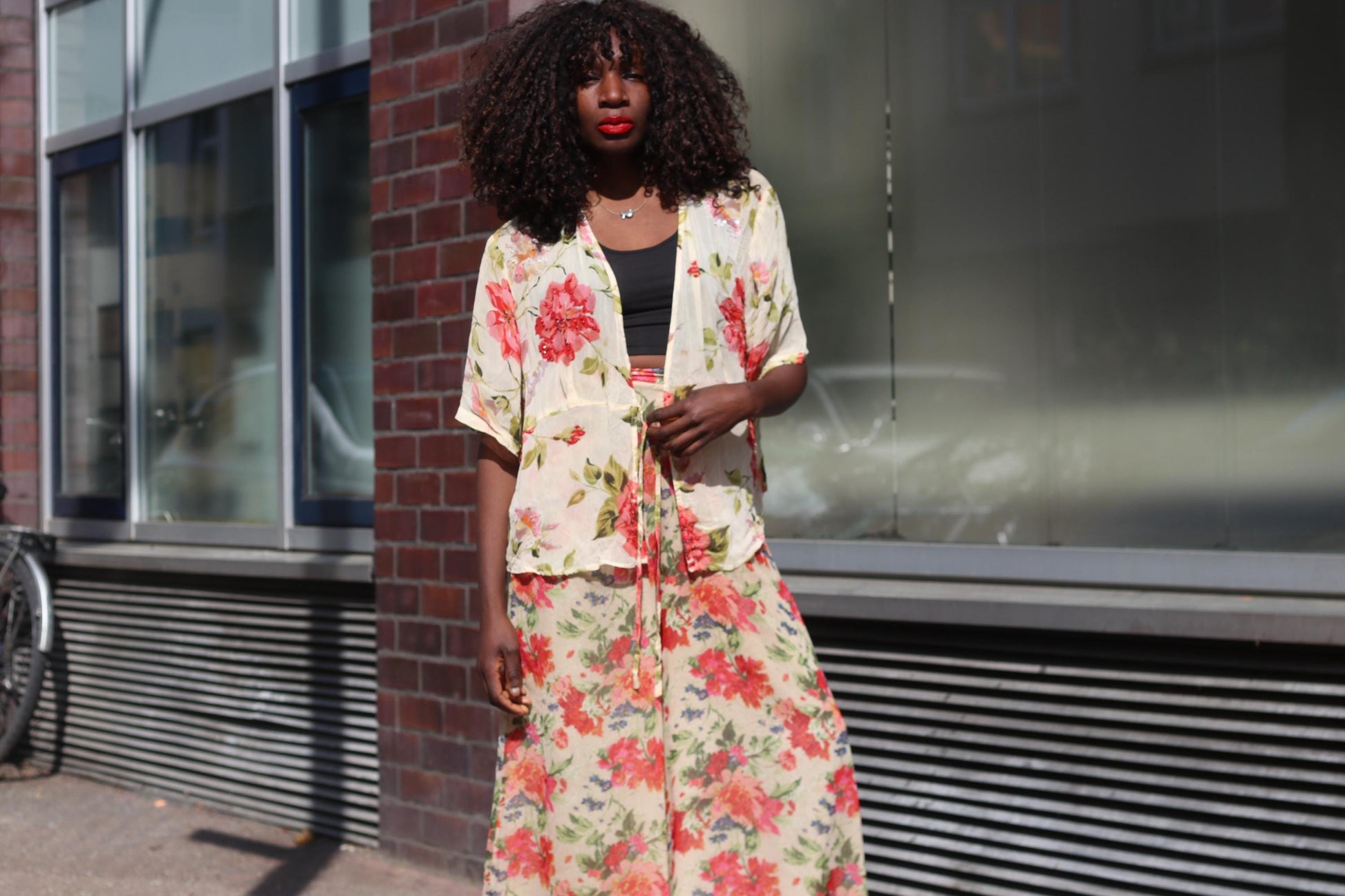 Vintage Floral Wrap Top| 90s Rose Print Sheer Blouse Cream Red Short Sleeve