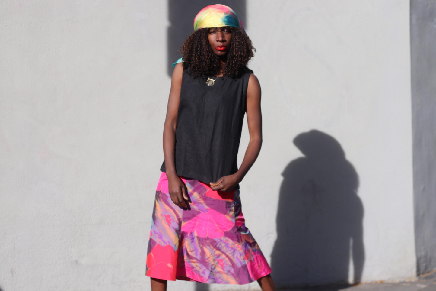 Vintage Abstract Floral Midi Skirt Pink Purple Colorful Artistic A-Line Skirt