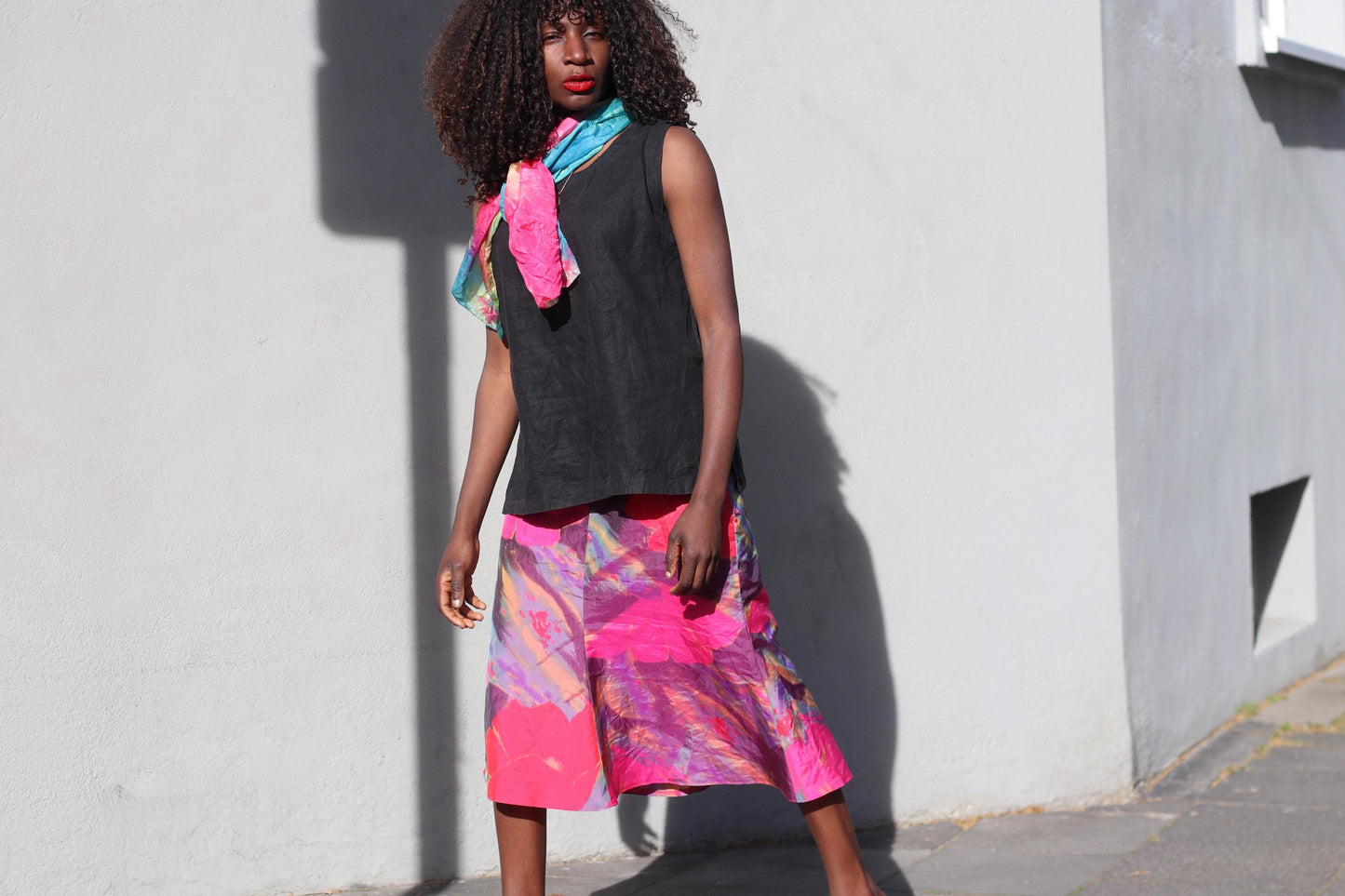 Vintage Abstract Floral Midi Skirt Pink Purple Colorful Artistic A-Line Skirt
