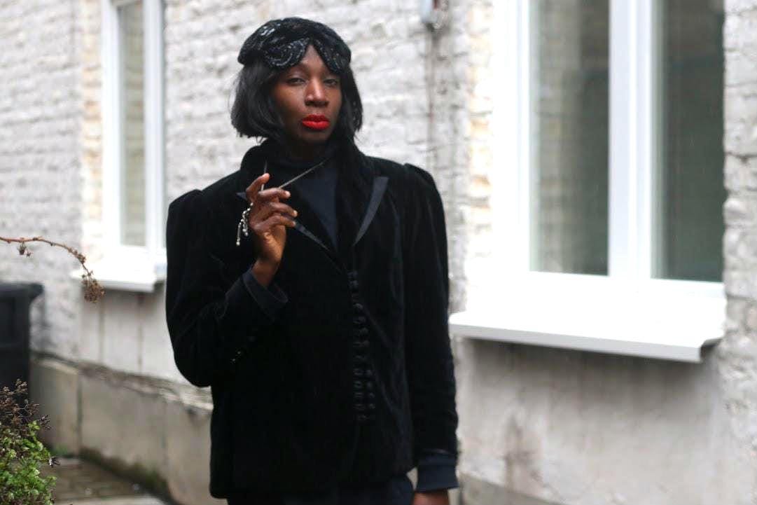 Vintage Black Velvet Jacket Puff Shoulder 1940s Style Evening Blazer Loop Button