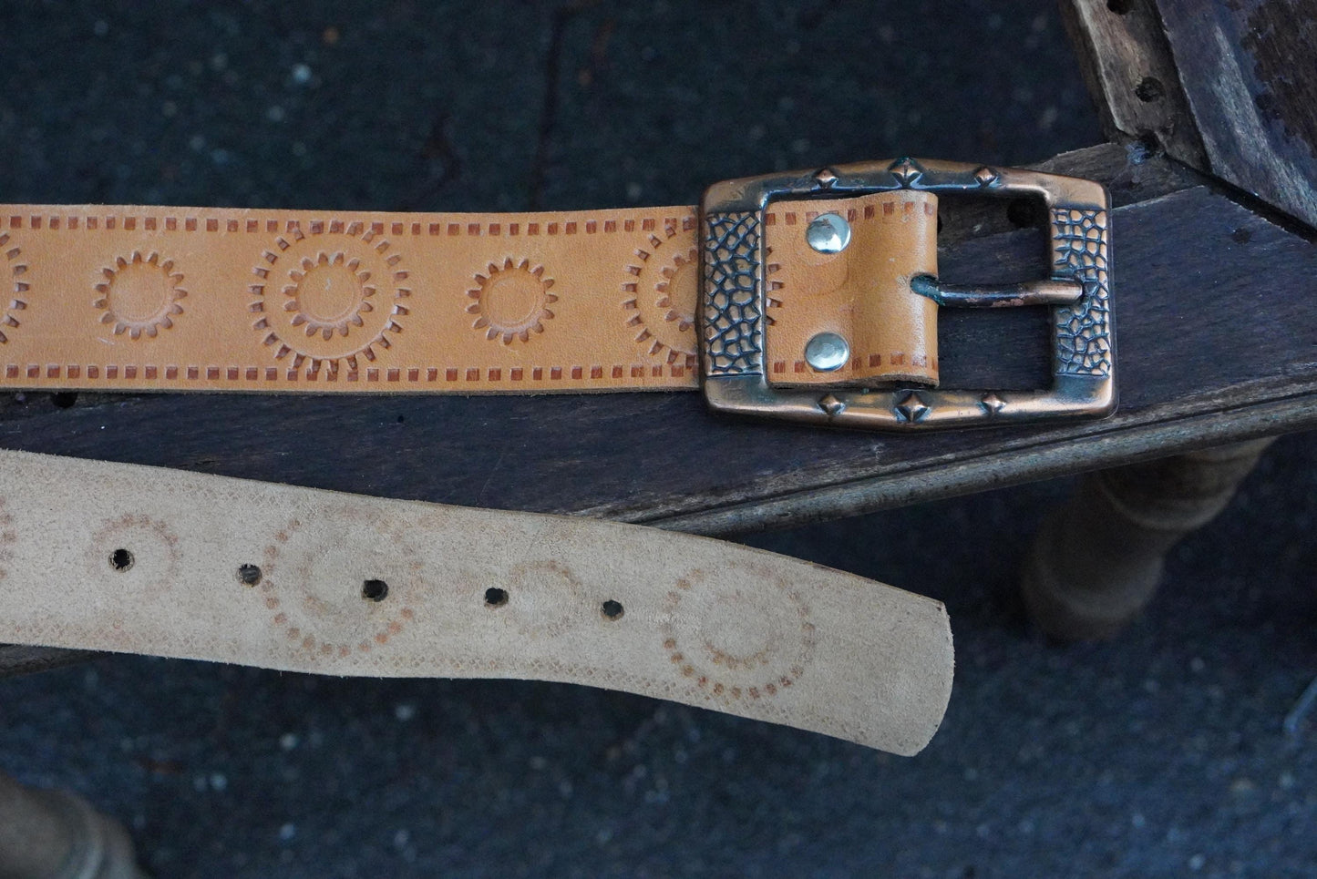 Vintage Tan Leather Belt Sunburst Hand Tooled Boho 70s Western Waist Belt Copper