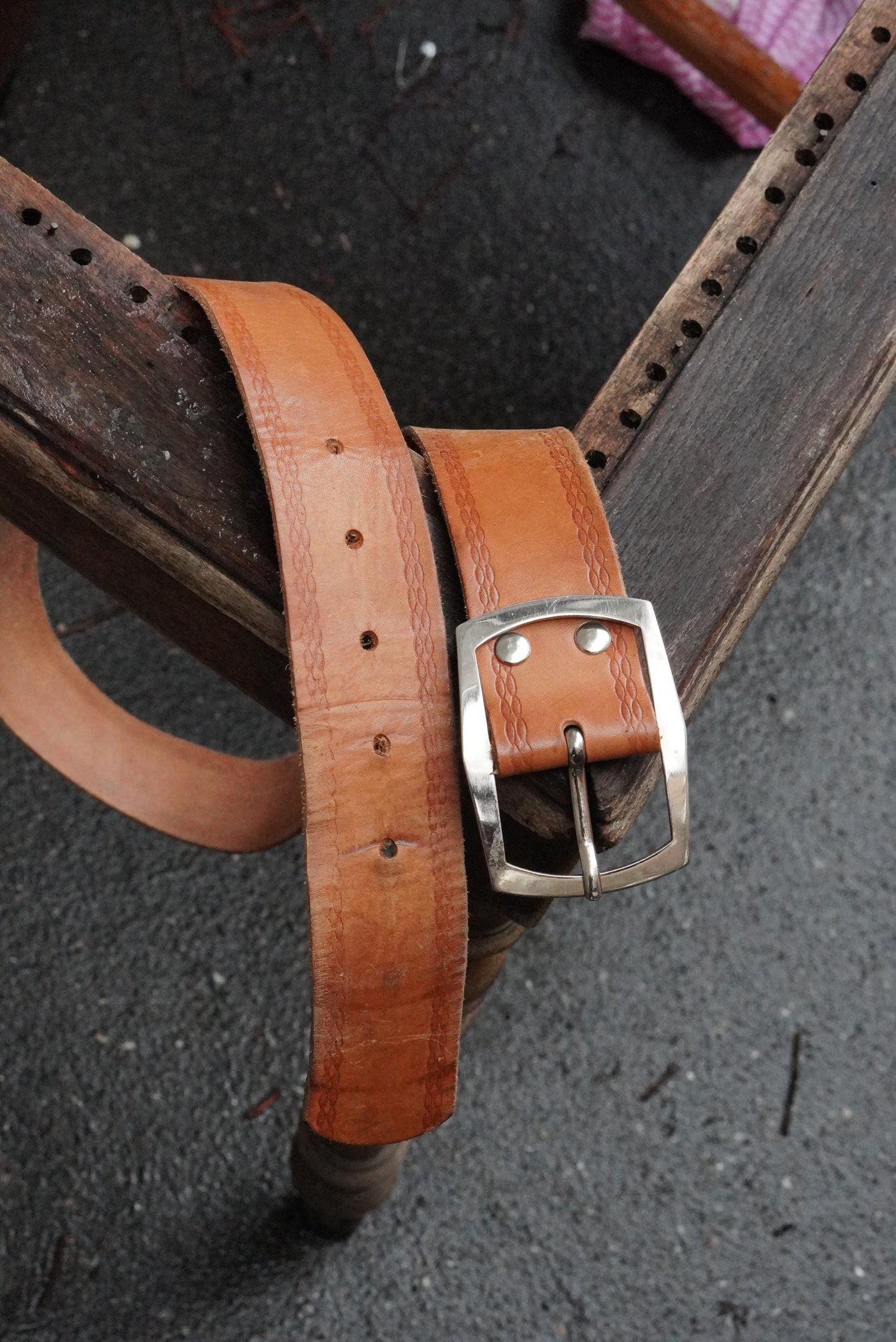 Vintage Leather Belt Hand Tooled Tan Boho 70s Western Waist Belt Silver Buckle