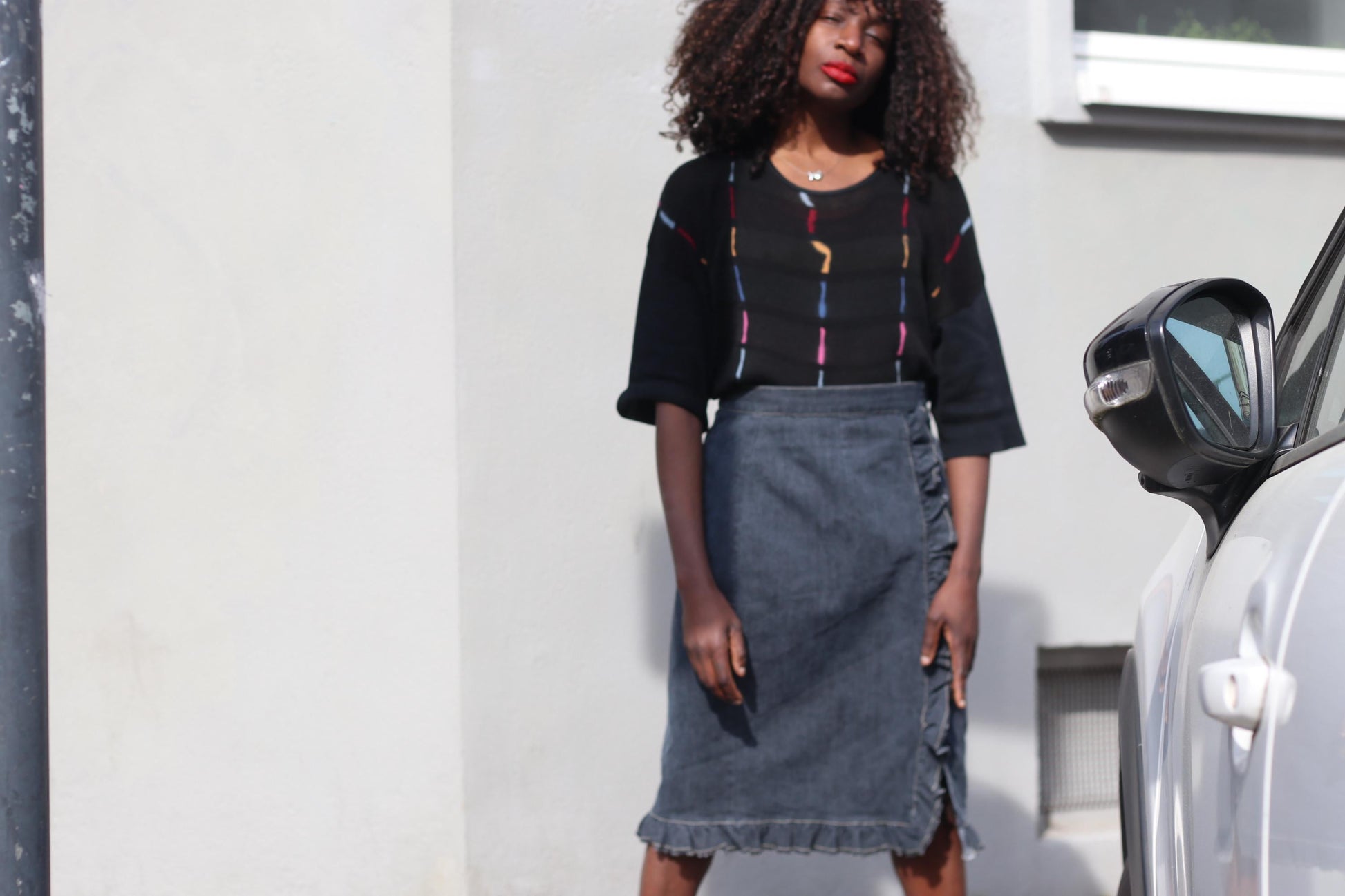 Vintage Denim Ruffle Skirt Dark Wash Cotton Midi Skirt Frill Trim A-Line 90s