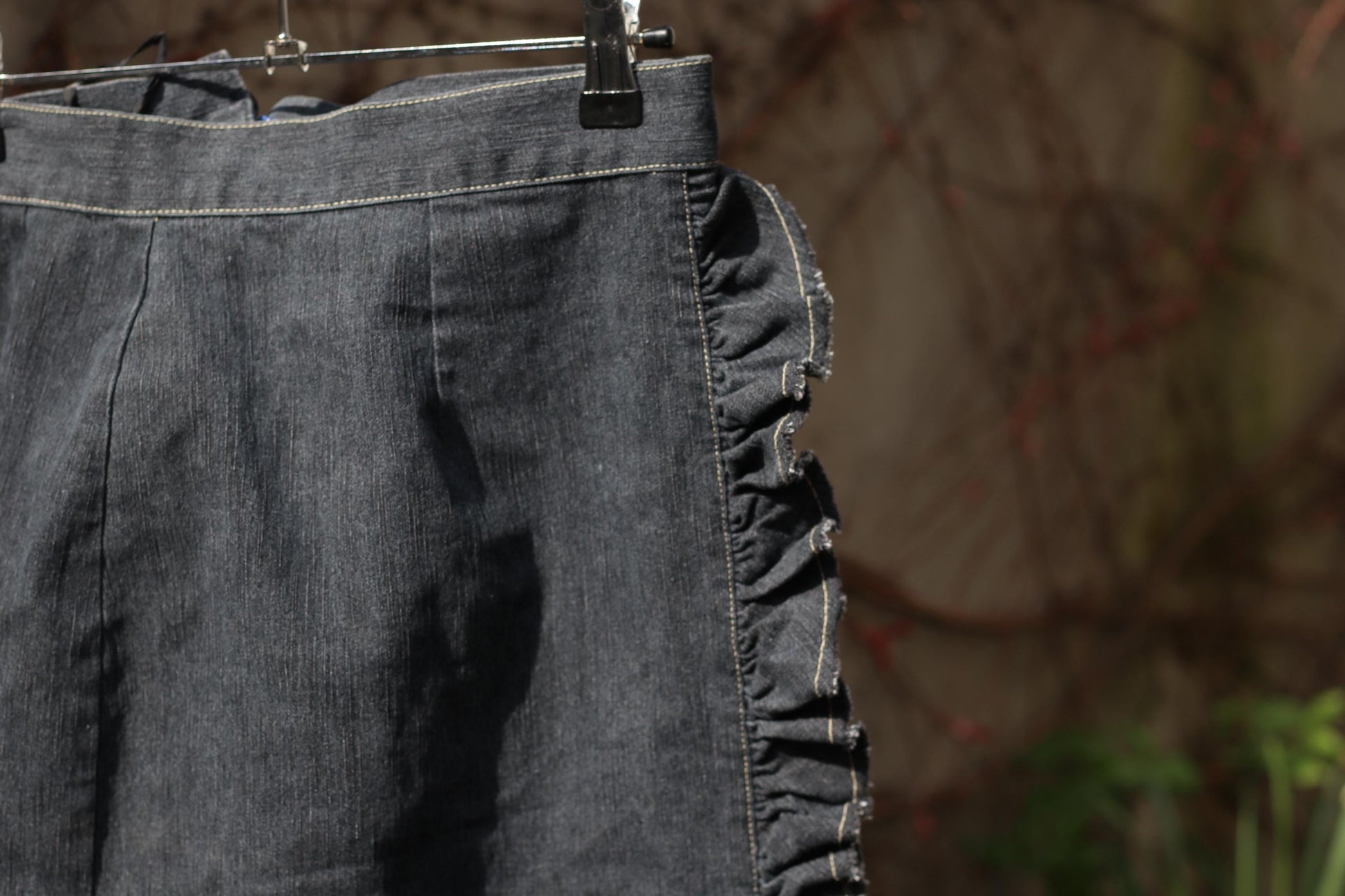 Vintage Denim Ruffle Skirt Dark Wash Cotton Midi Skirt Frill Trim A-Line 90s