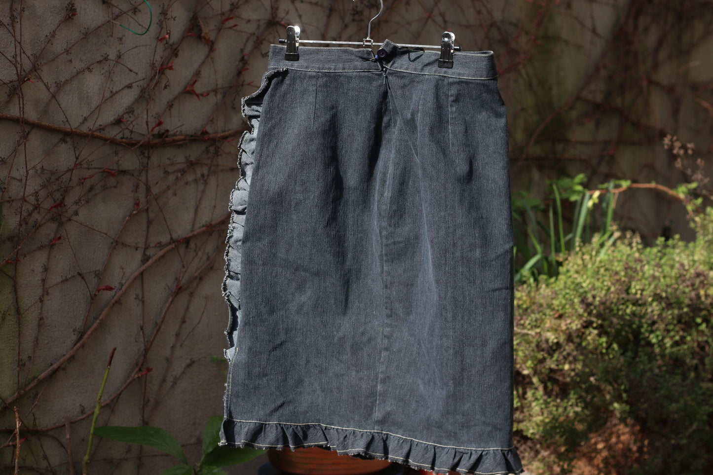 Vintage Denim Ruffle Skirt Dark Wash Cotton Midi Skirt Frill Trim A-Line 90s