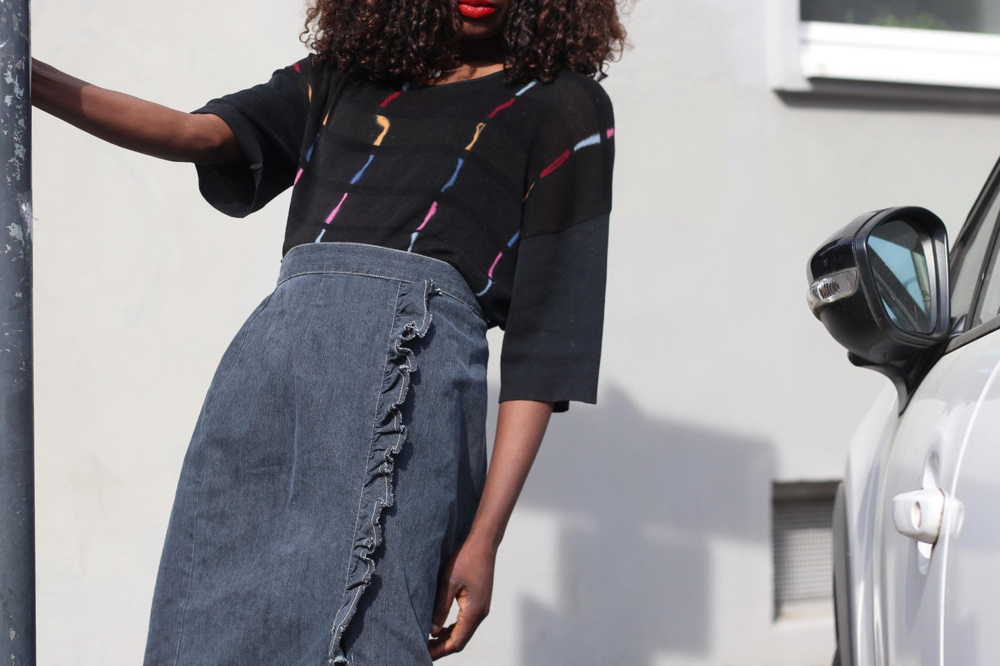 Vintage Denim Ruffle Skirt Dark Wash Cotton Midi Skirt Frill Trim A-Line 90s