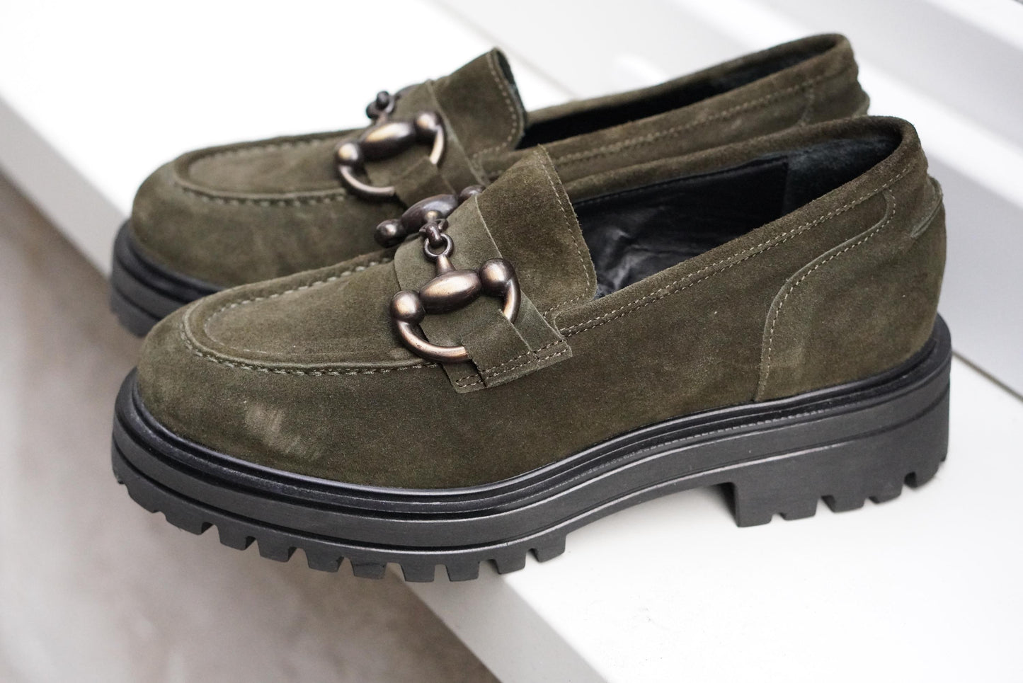 Vintage Suede Loafers | 90s Olive Green Andrea Puccini Horsebit Lug Sole Shoes EU 37