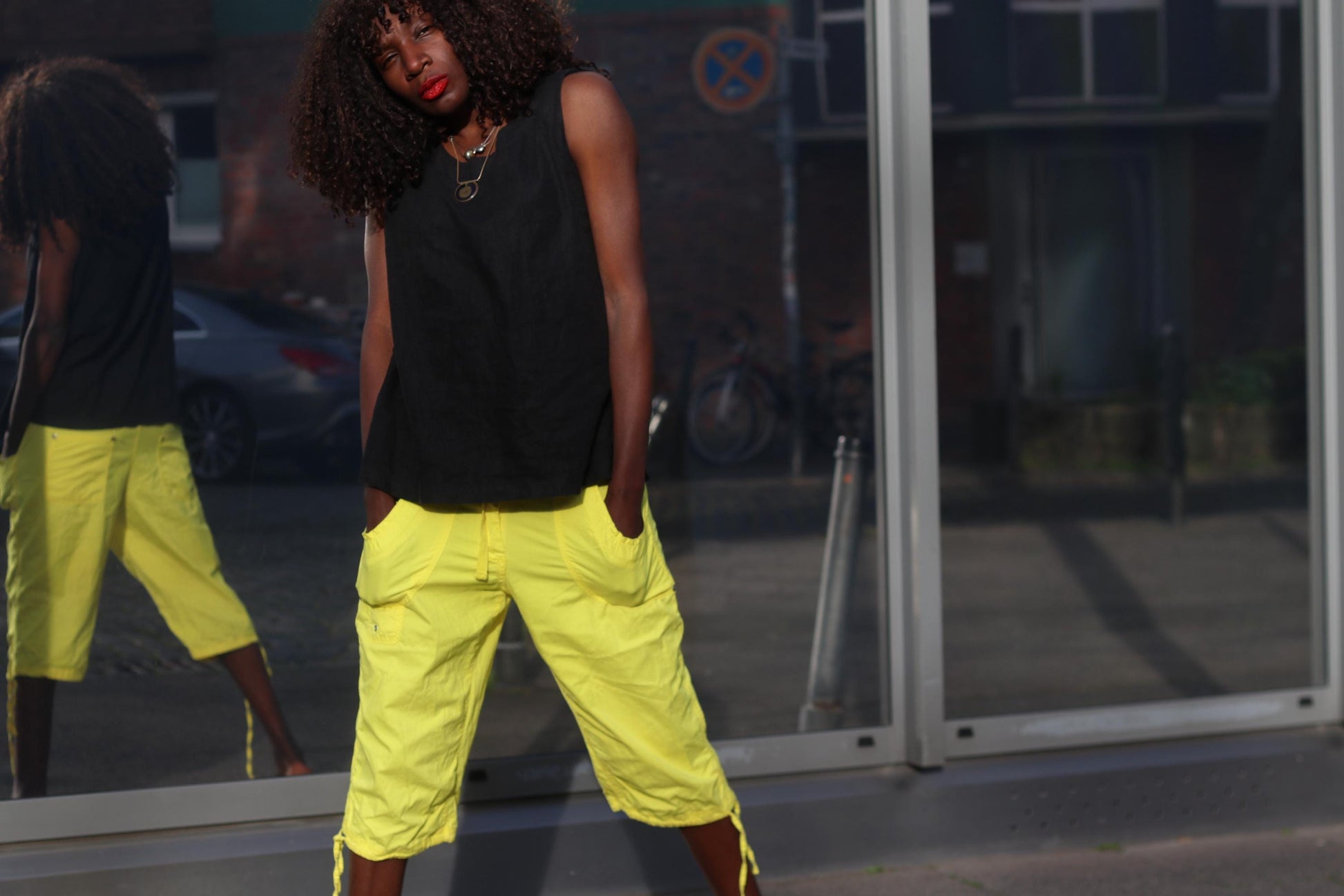 Neon Yellow Cargo Pants Vintage Cropped Trousers Y2K Capri Pants Utility Streetwear