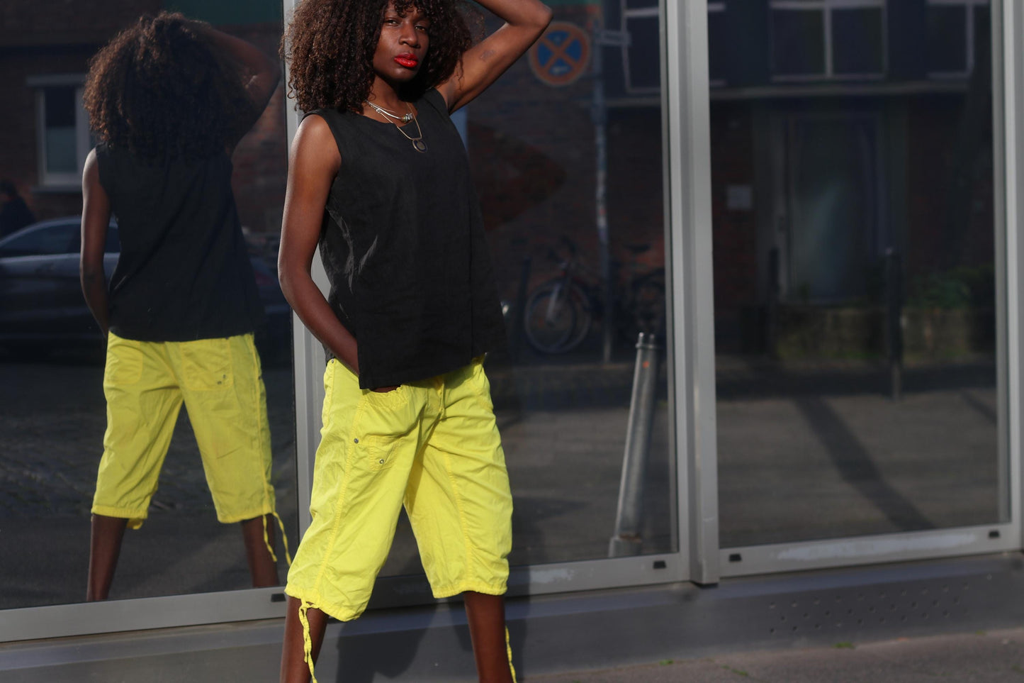 Neon Yellow Cargo Pants Vintage Cropped Trousers Y2K Capri Pants Utility Streetwear
