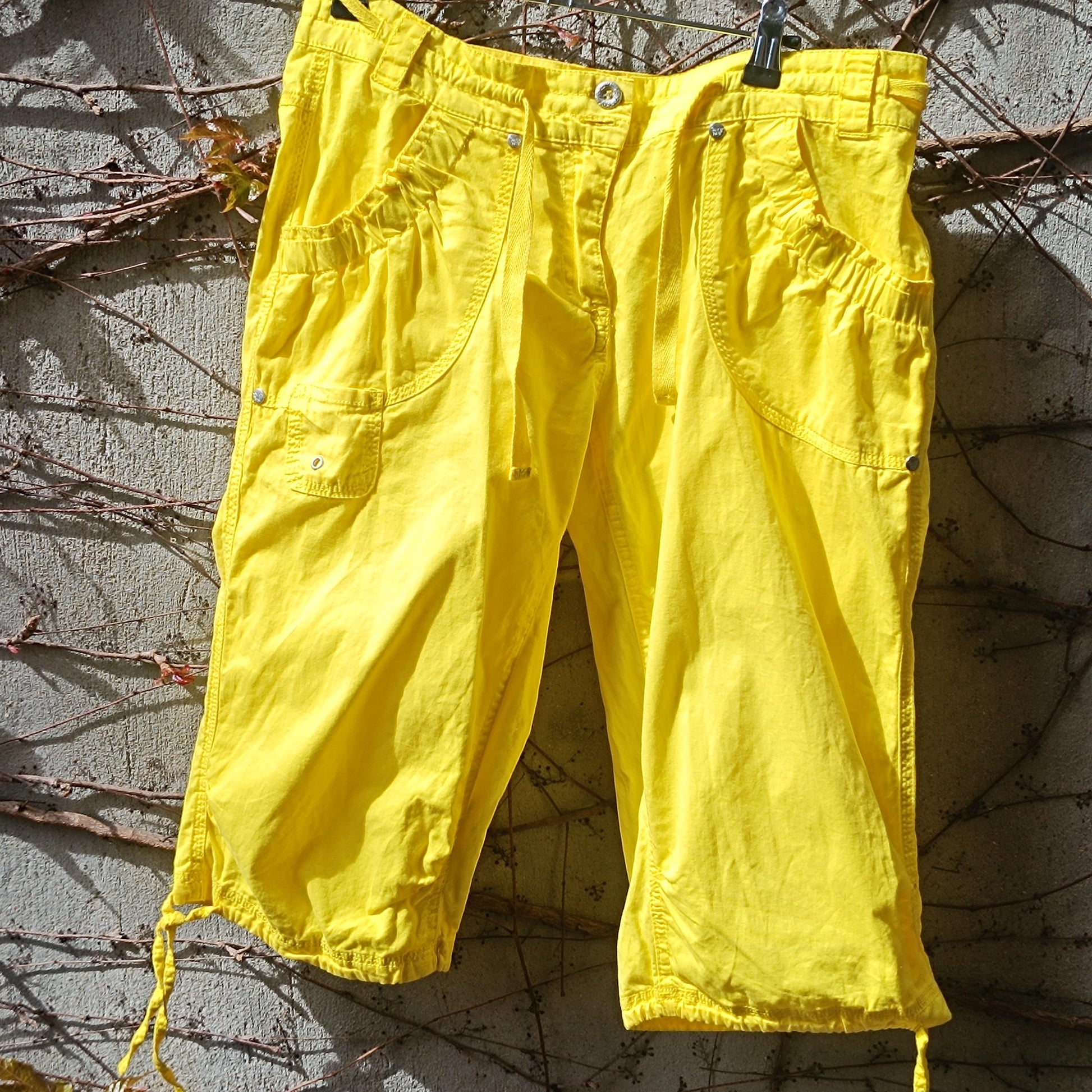Neon Yellow Cargo Pants Vintage Cropped Trousers Y2K Capri Pants Utility Streetwear