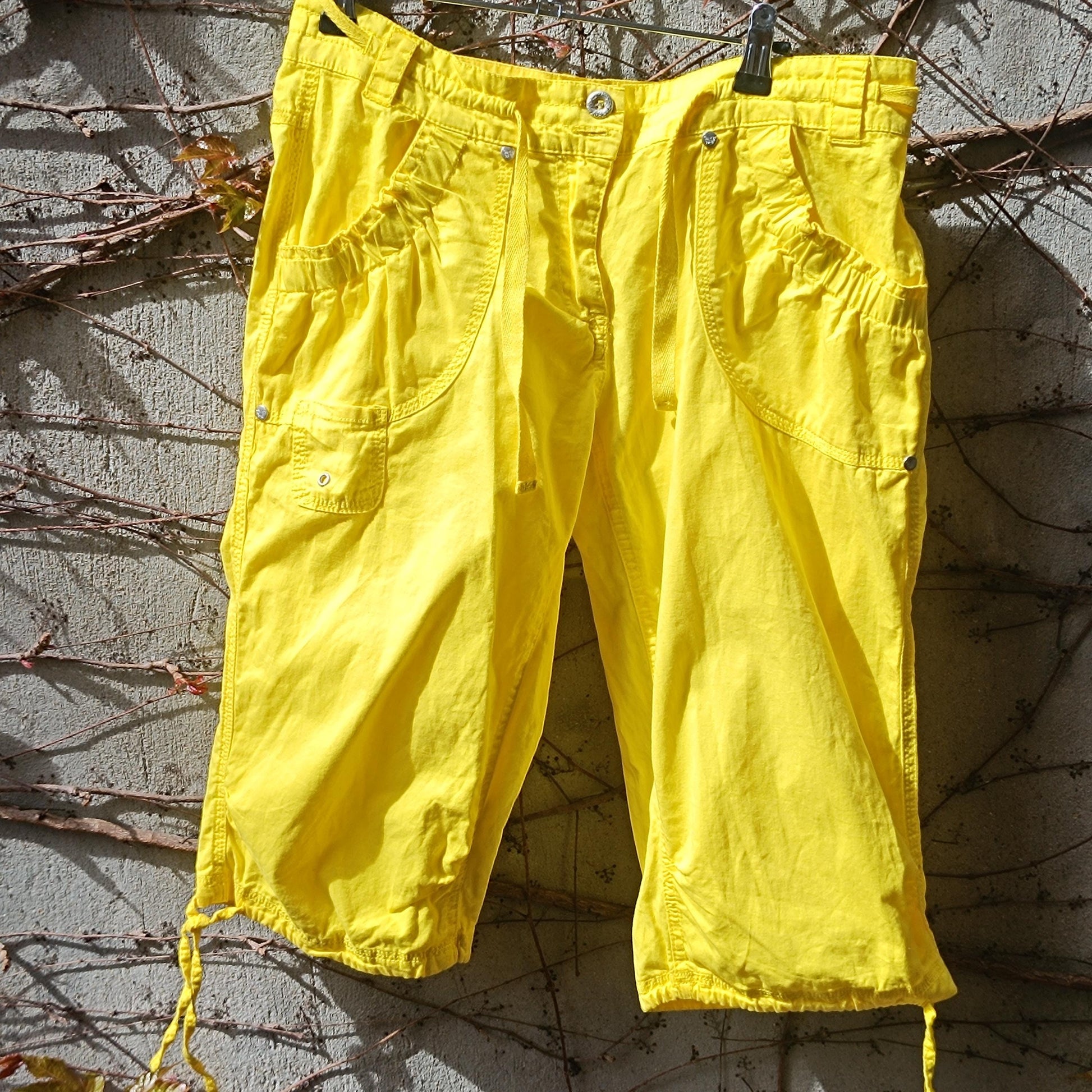 Neon Yellow Cargo Pants Vintage Cropped Trousers Y2K Capri Pants Utility Streetwear