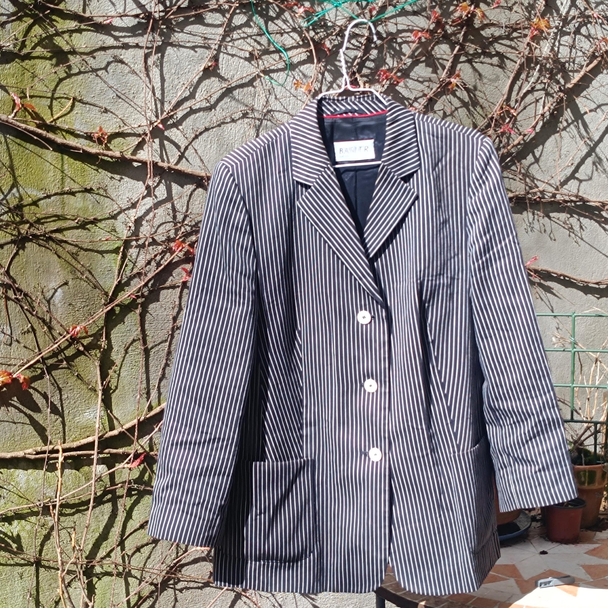 Vintage Pinstripe Blazer Navy Blue White Striped Oversized Jacket Women’s Size M