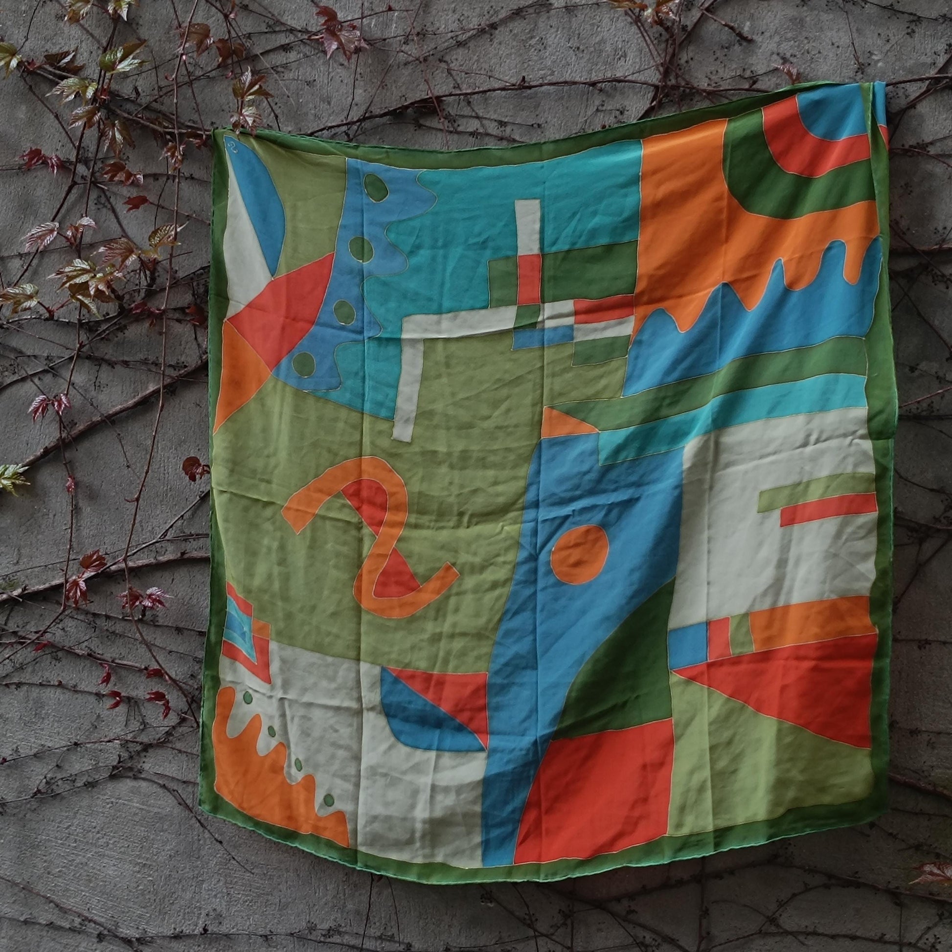 Vintage Hand Painted Silk Scarf Abstract Geometric Wearable Art Mid Century Style