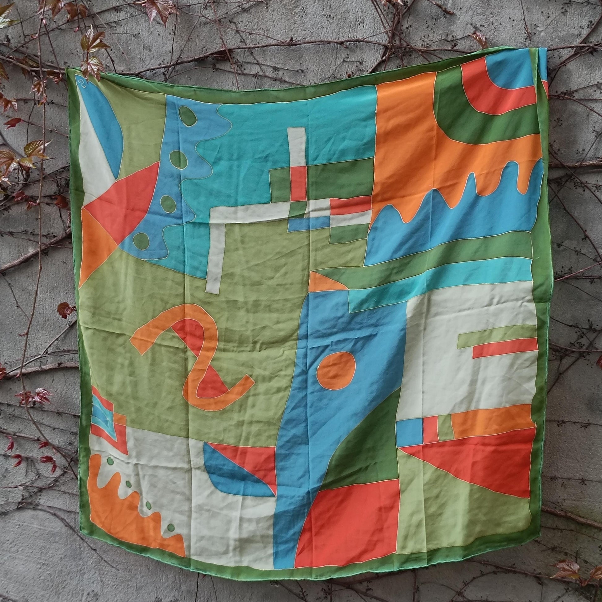 Vintage Hand Painted Silk Scarf Abstract Geometric Wearable Art Mid Century Style