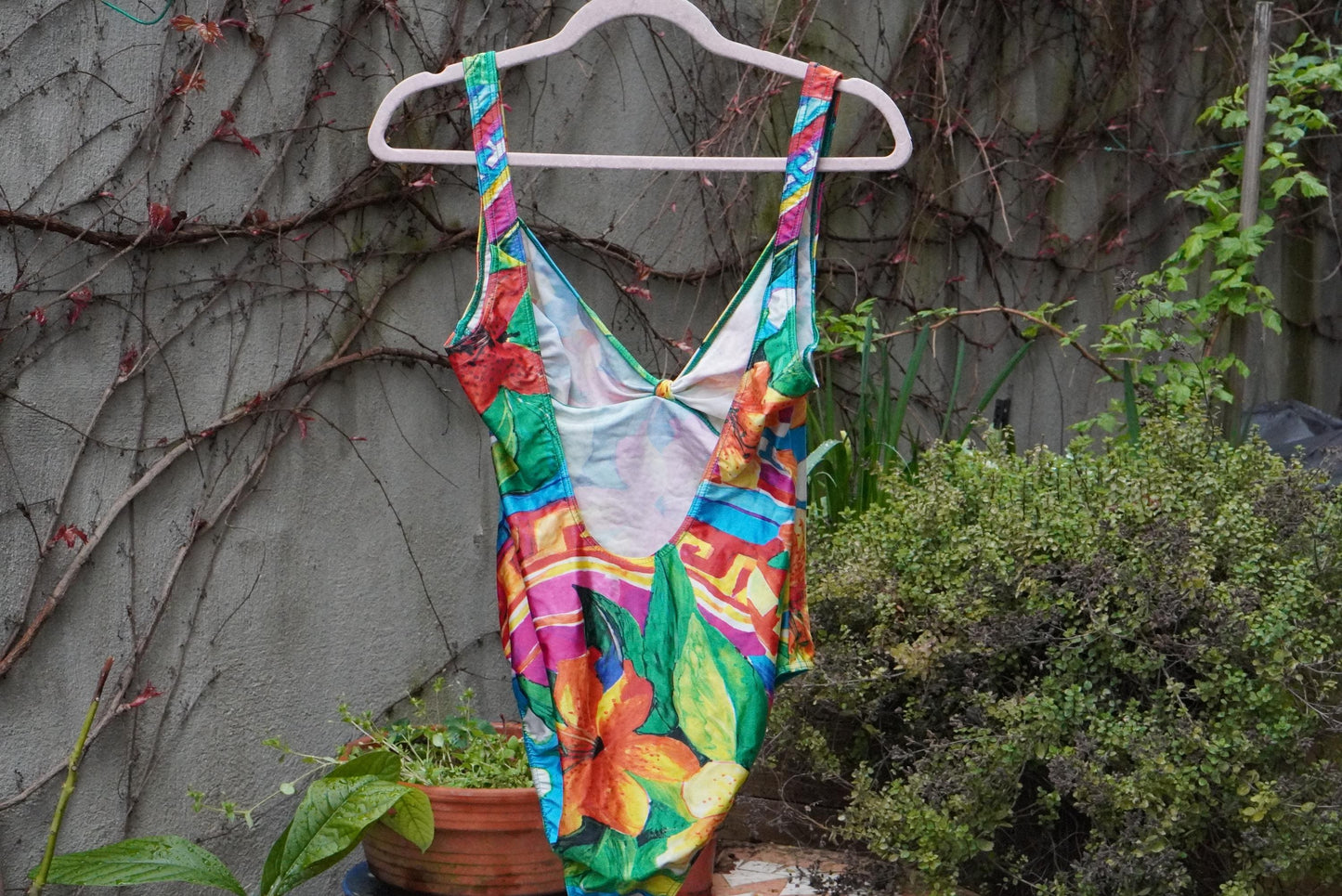Vintage 90s Tropical Floral Swimsuit High Leg One Piece Germany Size 44 Cup B
