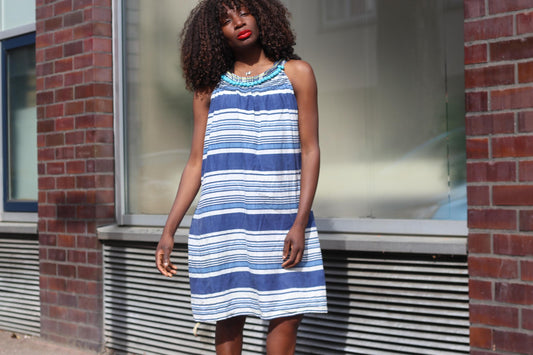Vintage Clements Ribeiro Dress 90s Striped Dress Beaded Halter Top