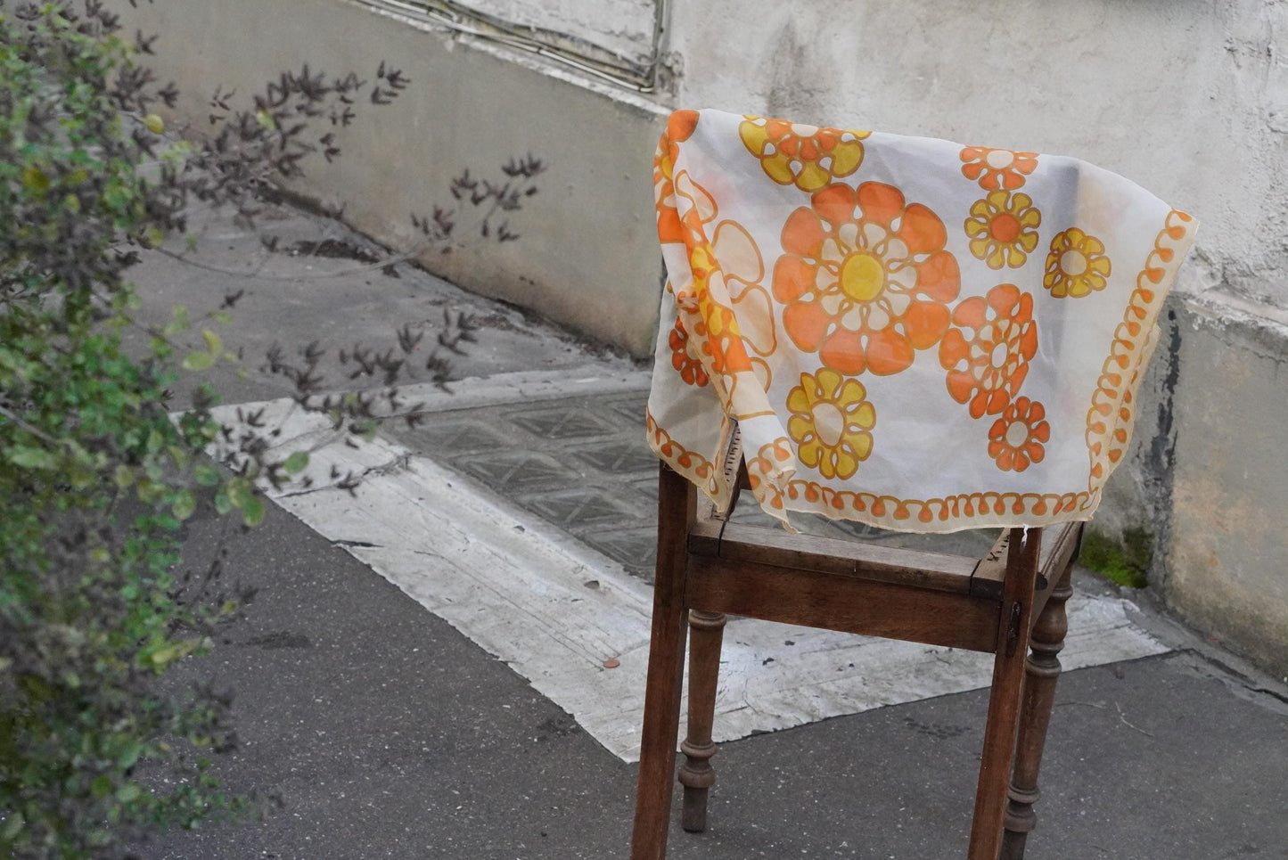 60s Floral Scarf Orange Yellow Flower Power Head Wrap Vintage Mod Sheer Neck Tie