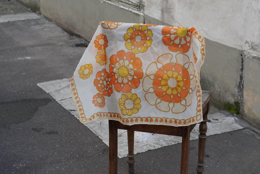 60s Floral Scarf Orange Yellow Flower Power Head Wrap Vintage Mod Sheer Neck Tie