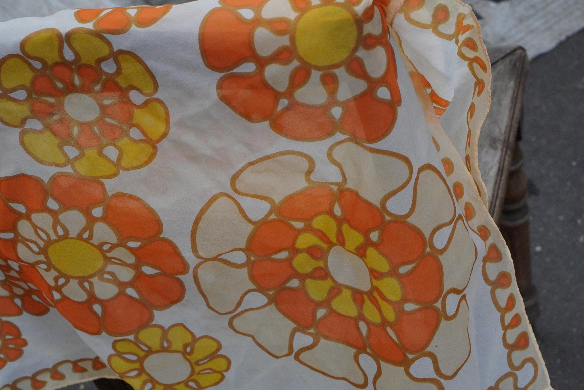 60s Floral Scarf Orange Yellow Flower Power Head Wrap Vintage Mod Sheer Neck Tie