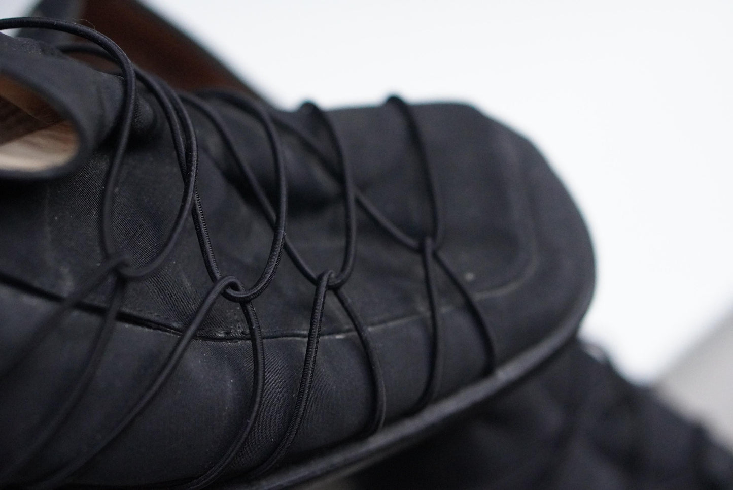 Vintage 90s Black Elastic Cage Loafers Square Toe Block Heel Techwear Shoes 37.5