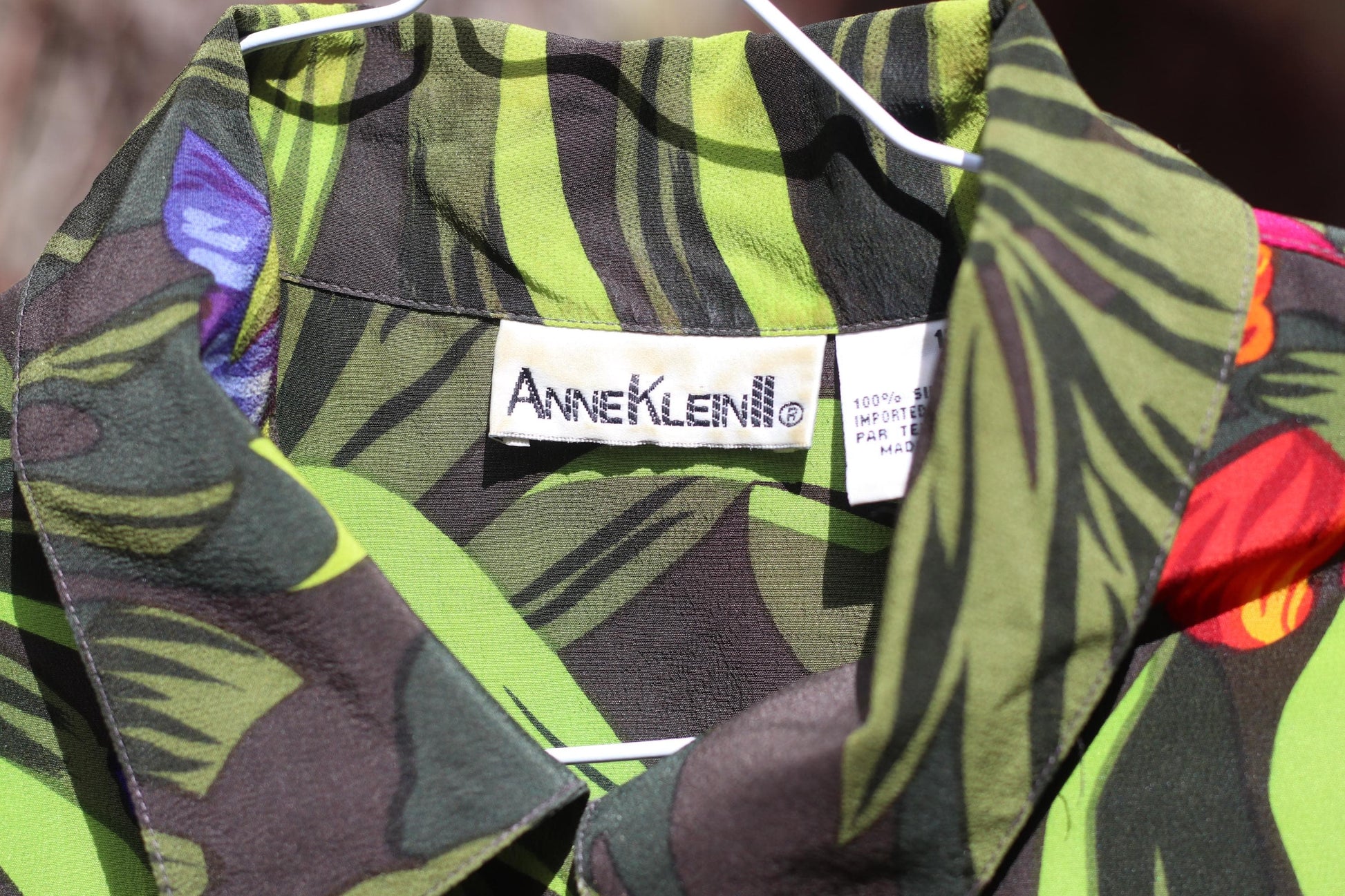 Vintage Anne Klein Silk Tropical Shirt| 90s Floral Button Down Short Sleeve Hawaiian Blouse
