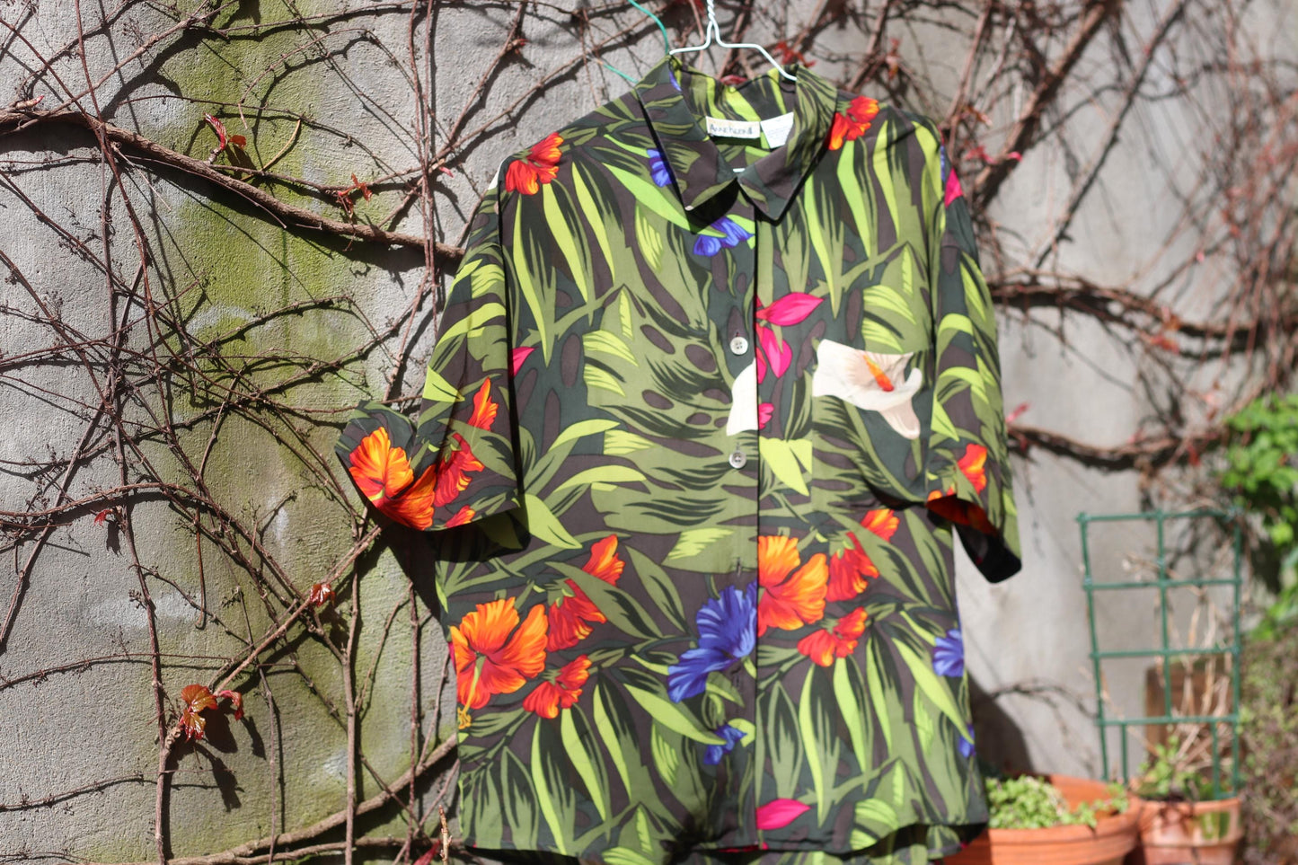 Vintage Anne Klein Silk Tropical Shirt| 90s Floral Button Down Short Sleeve Hawaiian Blouse