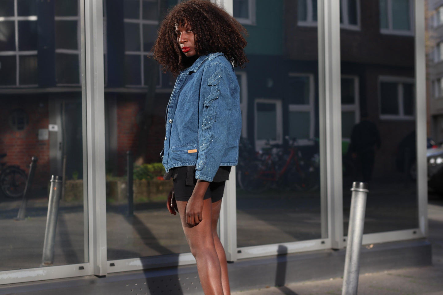 Vintage Denim Jacket Beaded Sleeve Detail Boho Jean Coat Blue Oversized Denim Top