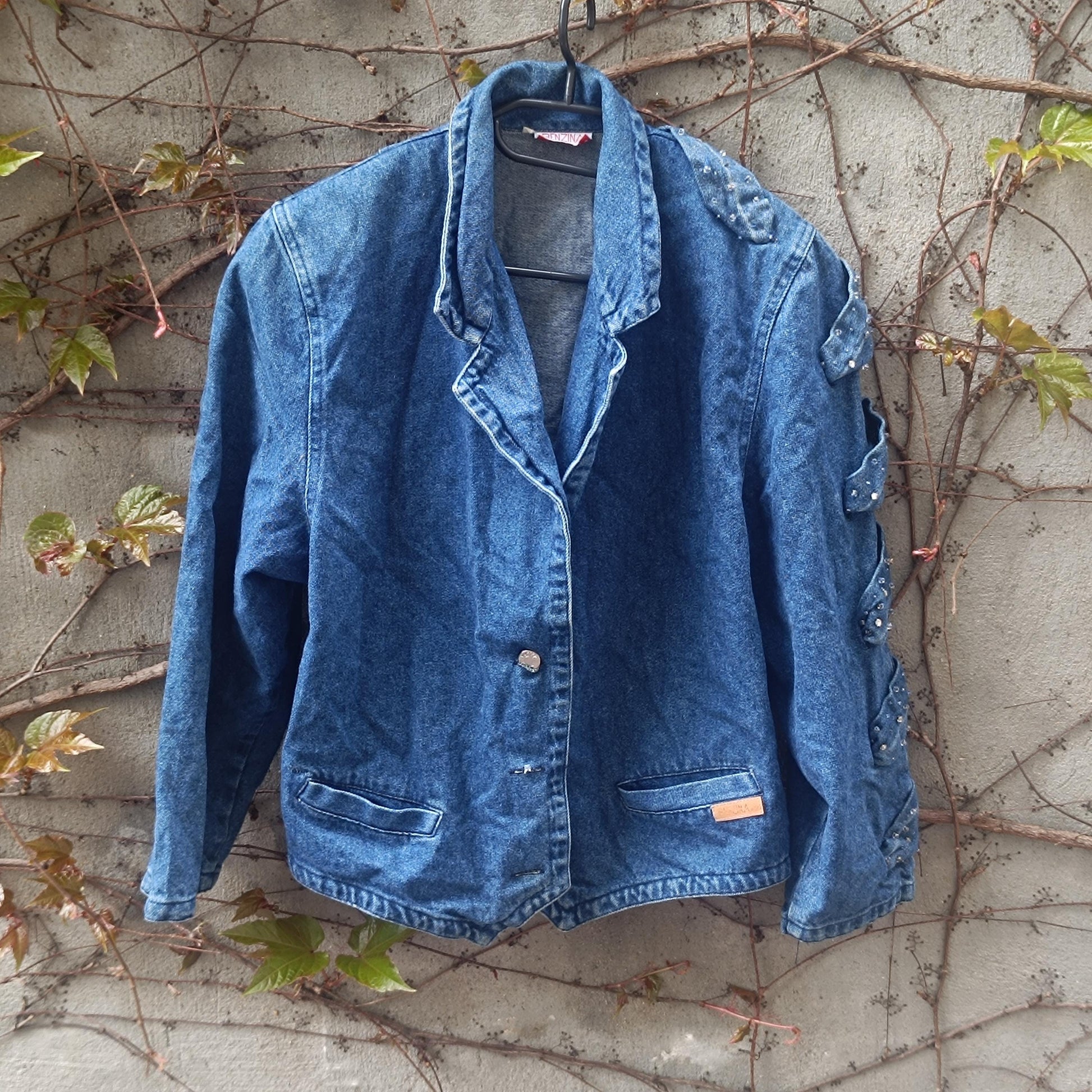 Vintage Denim Jacket Beaded Sleeve Detail Boho Jean Coat Blue Oversized Denim Top