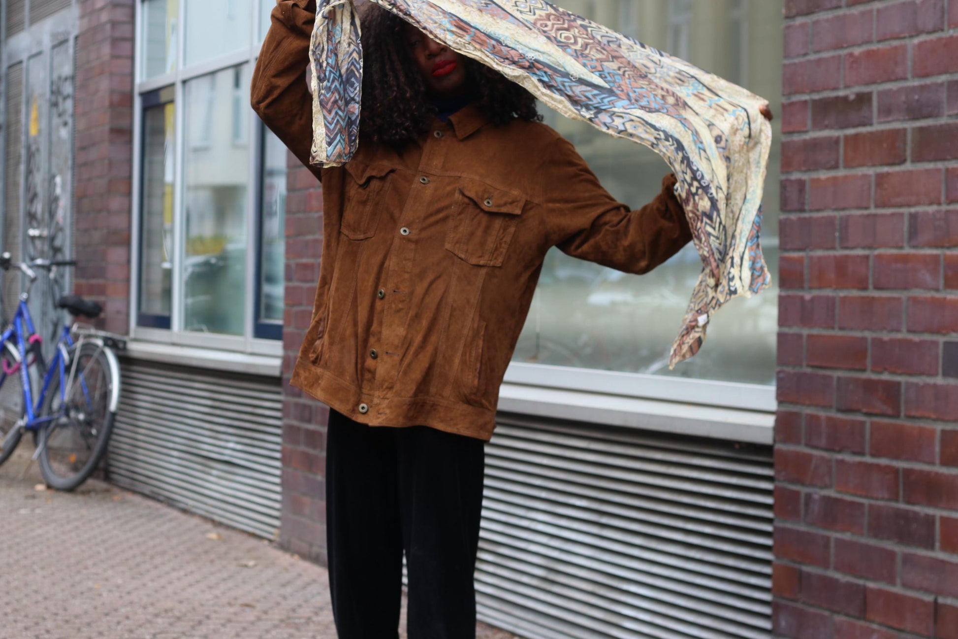 Vintage Geometric Silk Scarf Earthy Brown Abstract Print Boho Neck Head Scarf 70s