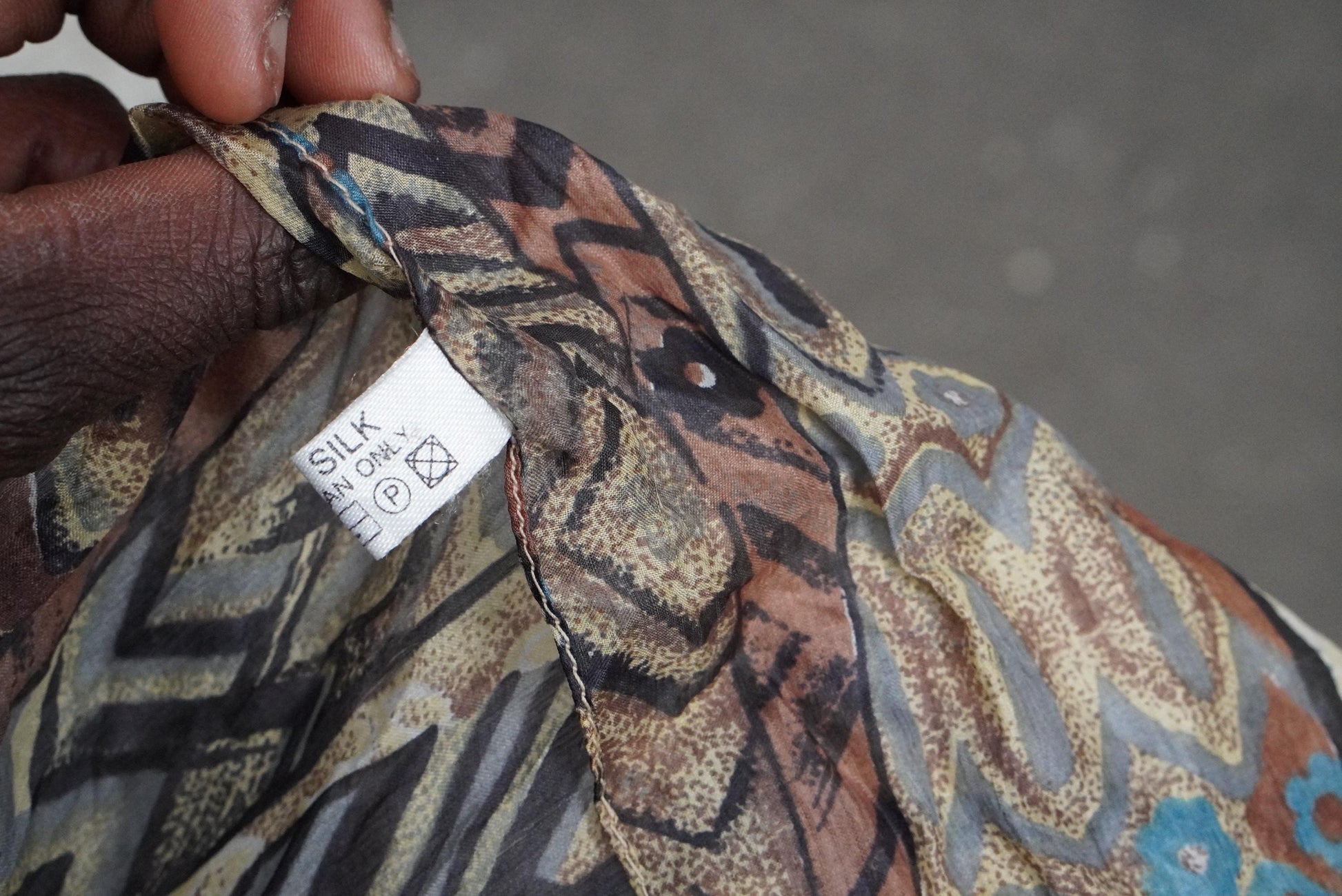 Vintage Geometric Silk Scarf Earthy Brown Abstract Print Boho Neck Head Scarf 70s